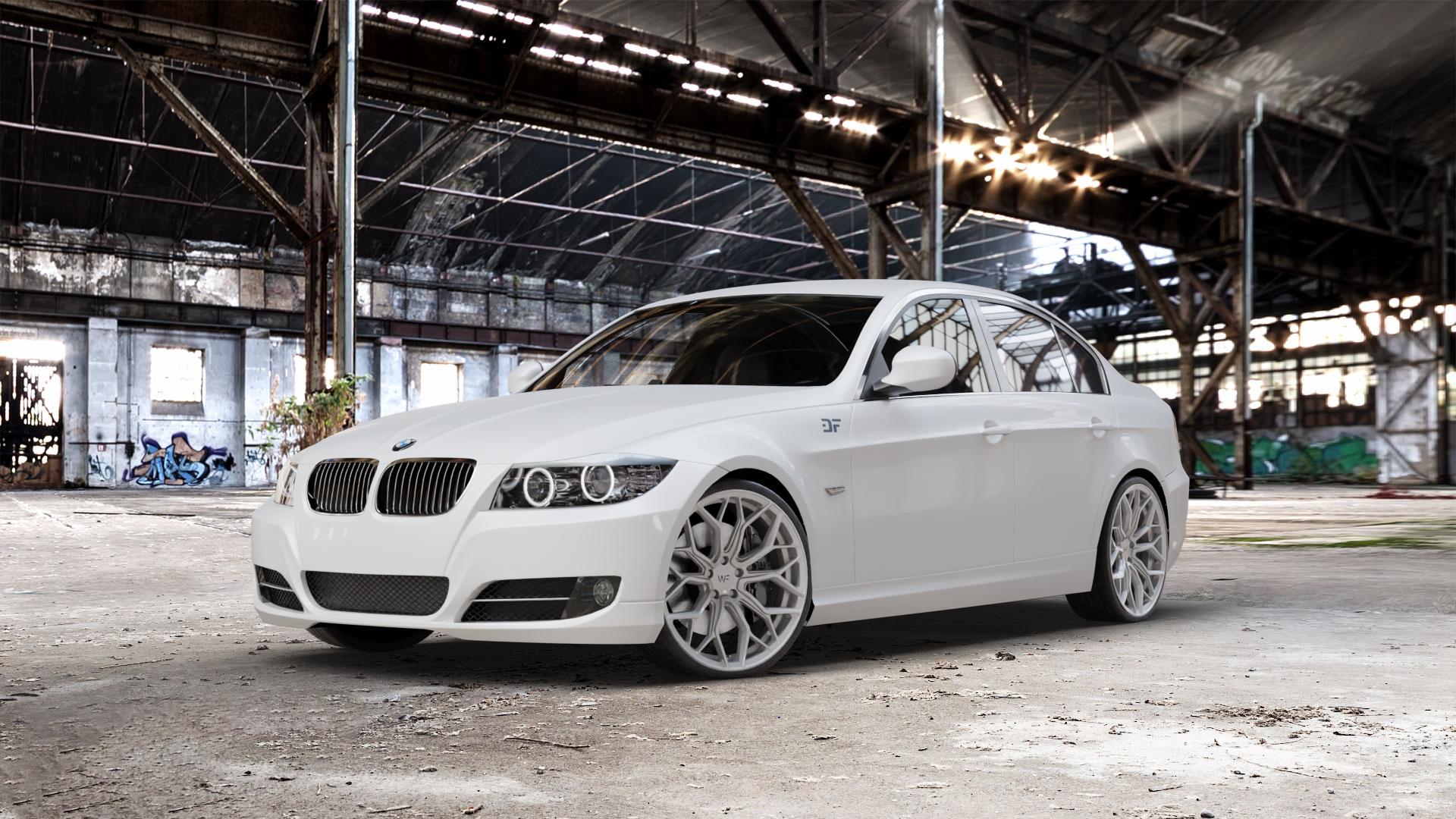 Wheelforce HE1-FF GLOSS STEEL Felge mit Reifen silber in 20Zoll Winterfelge Alufelge auf weissem BMW 318i Typ E90 (Limousine) 320i 335i 335d 318d 320d 325i 330i 330d 316i 325xi 330xi 325d 330xd 320si M3 (M390) 320xd 316d 335xi 323i CRT 3er Limousine (390L, 3 ⬇️ mit 15mm Tieferlegung ⬇️ Old Industrial Hall_max_5300mm_2024 Frontansicht_1