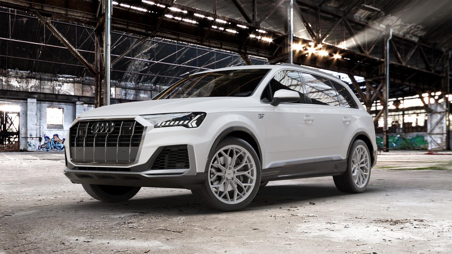 Wheelforce HE1-FF GLOSS STEEL Felge mit Reifen silber in 21Zoll Winterfelge Alufelge auf weissem Audi Q7 II Typ 4M (4L) Facelift 19-> ⬇️ mit 15mm Tieferlegung ⬇️ Old Industrial Hall_max_5300mm_2024 Frontansicht_1
