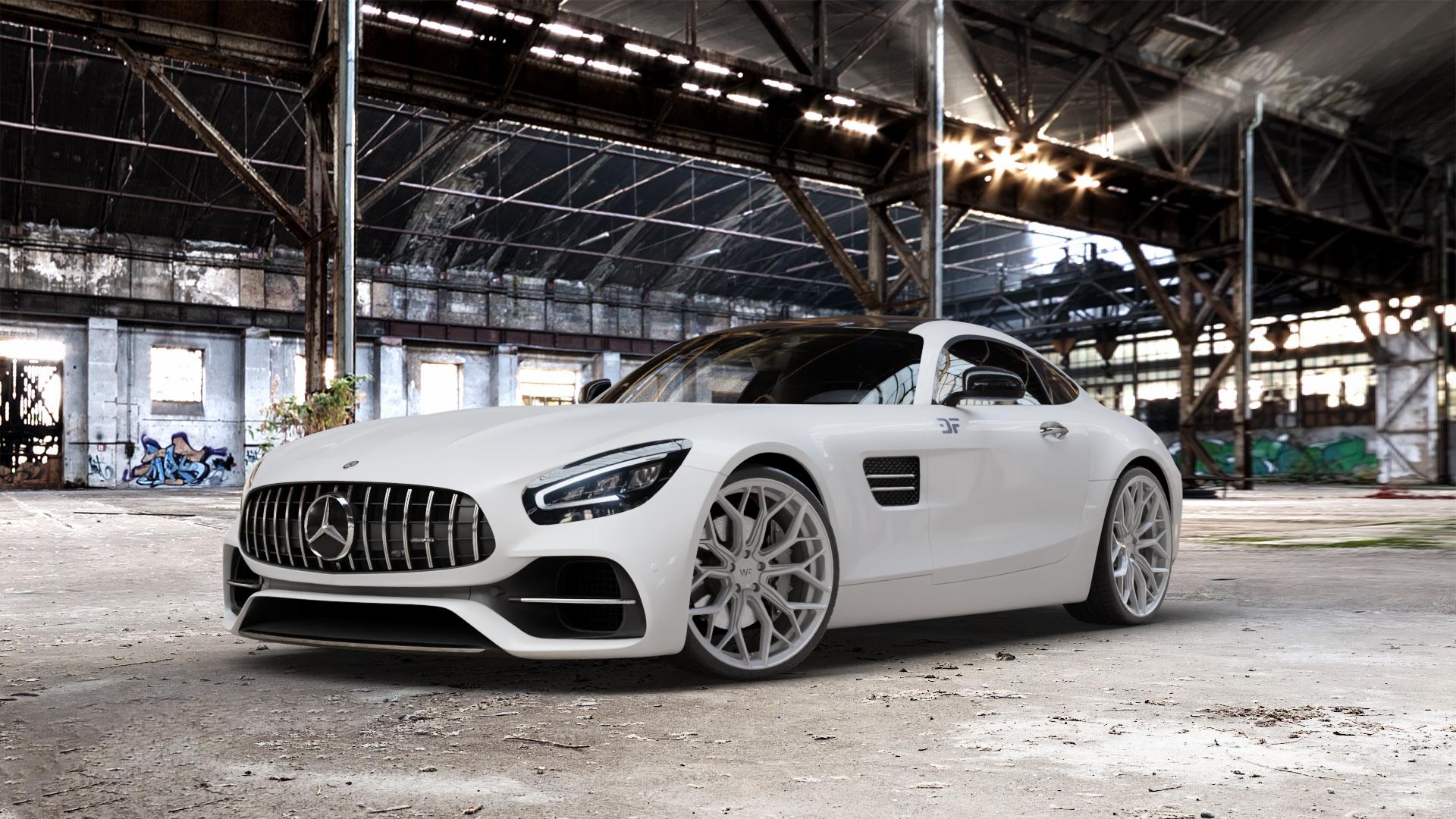 Wheelforce HE1-FF GLOSS STEEL Felge mit Reifen silber in 21Zoll Winterfelge Alufelge auf weissem Mercedes AMG GT Typ 197 ⬇️ mit 15mm Tieferlegung ⬇️ Old Industrial Hall_max_5300mm_2024 Frontansicht_1