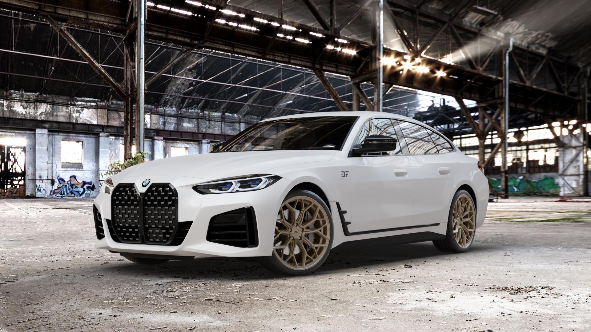 Wheelforce HE1-FF SATIN BRONZE Felge mit Reifen in 20Zoll Winterfelge Alufelge auf weissem BMW 4er G26 Gran Coupe (G4C) ⬇️ mit 15mm Tieferlegung ⬇️ Old Industrial Hall_max_5300mm_2024 Frontansicht_1