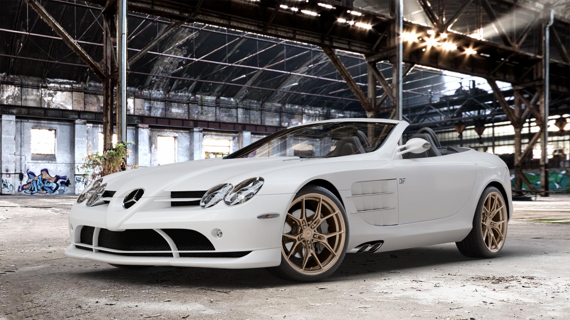Wheelforce RACE.ONE SATIN BRONZE Felge mit Reifen in 19Zoll Winterfelge Alufelge auf weissem Mercedes SLR Typ R199 Roadster ⬇️ mit 15mm Tieferlegung ⬇️ Old Industrial Hall_max_4400mm_2024 Frontansicht_1