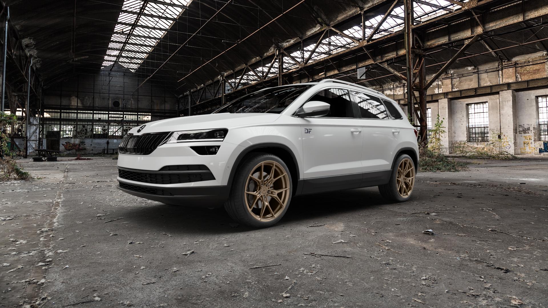 Wheelforce RACE.ONE SATIN BRONZE Felge mit Reifen in 19Zoll Winterfelge Alufelge auf weissem Skoda Karoq Typ NU Scout ⬇️ mit 15mm Tieferlegung ⬇️ Old Industrial Hall_max5000mm_2022 Frontansicht_1