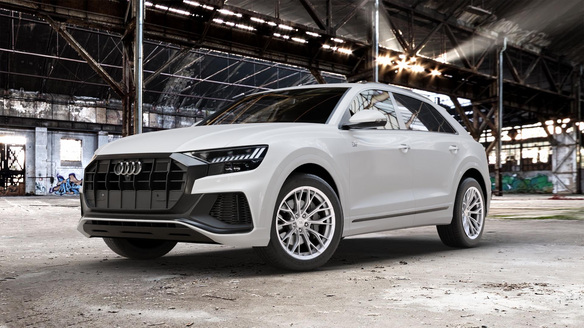 Yido Performance YP-HF3 Forged+ 3 Silver Felge mit Reifen silber in 20Zoll Winterfelge Alufelge auf weissem Audi Q8 Typ 4M (4L) ⬇️ mit 15mm Tieferlegung ⬇️ Old Industrial Hall_max_5300mm_2024 Frontansicht_1