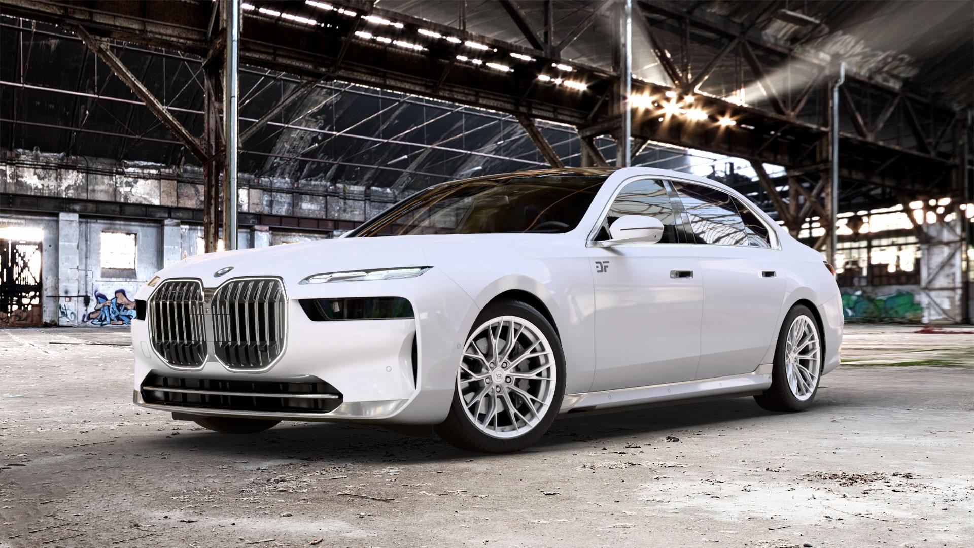 Yido Performance YP-HF3 Forged+ 3 Silver Felge mit Reifen silber in 20Zoll Winterfelge Alufelge auf weissem BMW 7er G70 Limousine (G7L) ⬇️ mit 15mm Tieferlegung ⬇️ Old Industrial Hall_max_5300mm_2024 Frontansicht_1