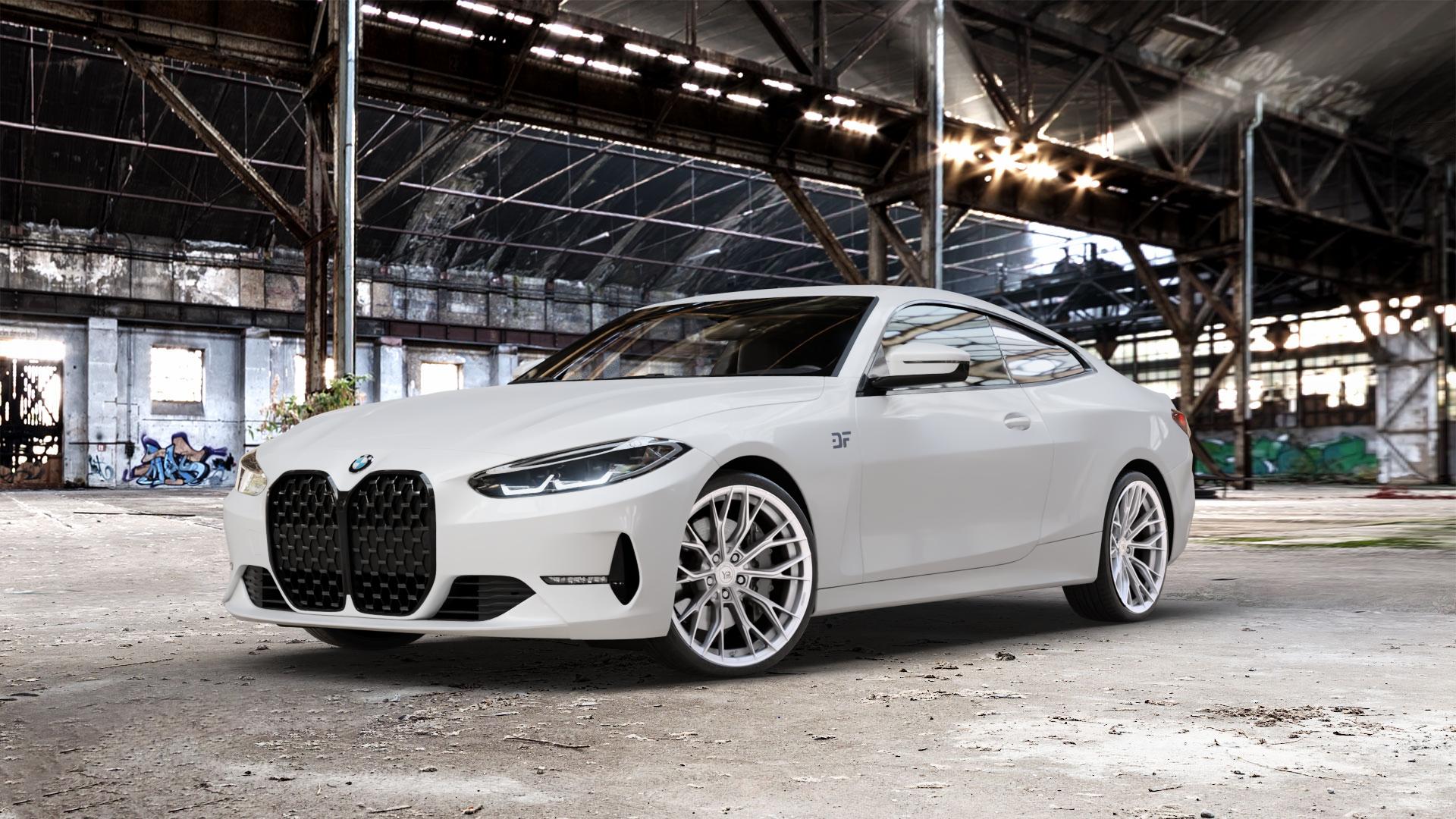 Yido Performance YP-HF3 Forged+ 3 Silver Felge mit Reifen silber in 20Zoll Winterfelge Alufelge auf weissem BMW M4 Typ G82 (Coupe) CSL 4er G22 Coupé (G3C) ⬇️ mit 15mm Tieferlegung ⬇️ Old Industrial Hall_max_5300mm_2024 Frontansicht_1