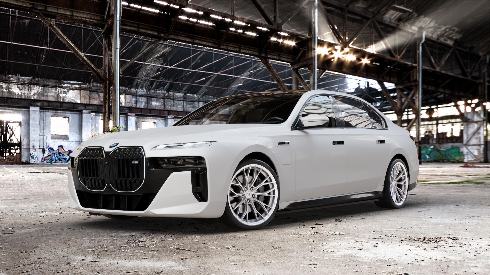 Yido Performance YP-HF3 Forged+ 3 Silver Felge mit Reifen silber in 20Zoll Winterfelge Alufelge auf weissem BMW M760e xDrive Typ G70 ⬇️ mit 15mm Tieferlegung ⬇️ Old Industrial Hall_max_5300mm_2024 Frontansicht_1