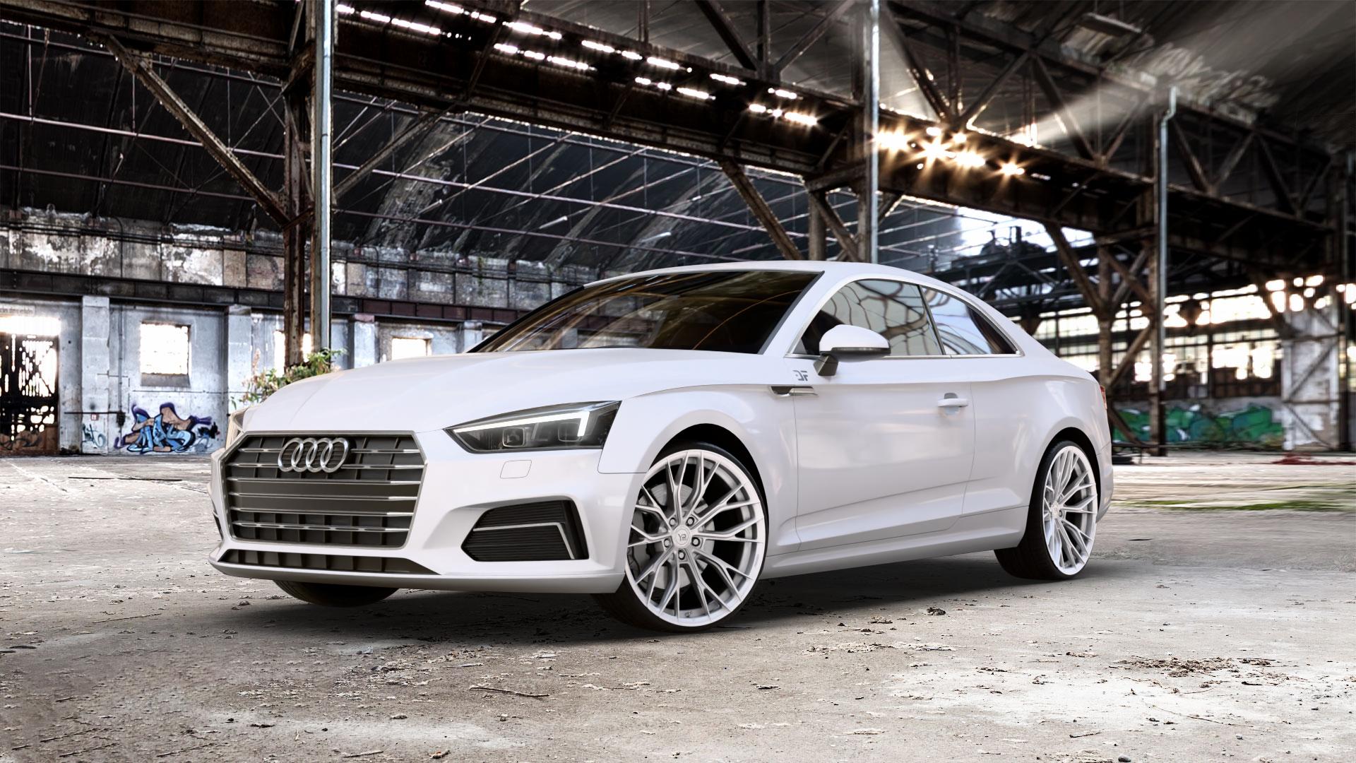 Yido Performance YP-HF3 Forged+ 3 Silver Felge mit Reifen silber in 21Zoll Winterfelge Alufelge auf weissem Audi A5 Typ B9 (Coupé) ⬇️ mit 15mm Tieferlegung ⬇️ Old Industrial Hall_max_5300mm_2024 Frontansicht_1