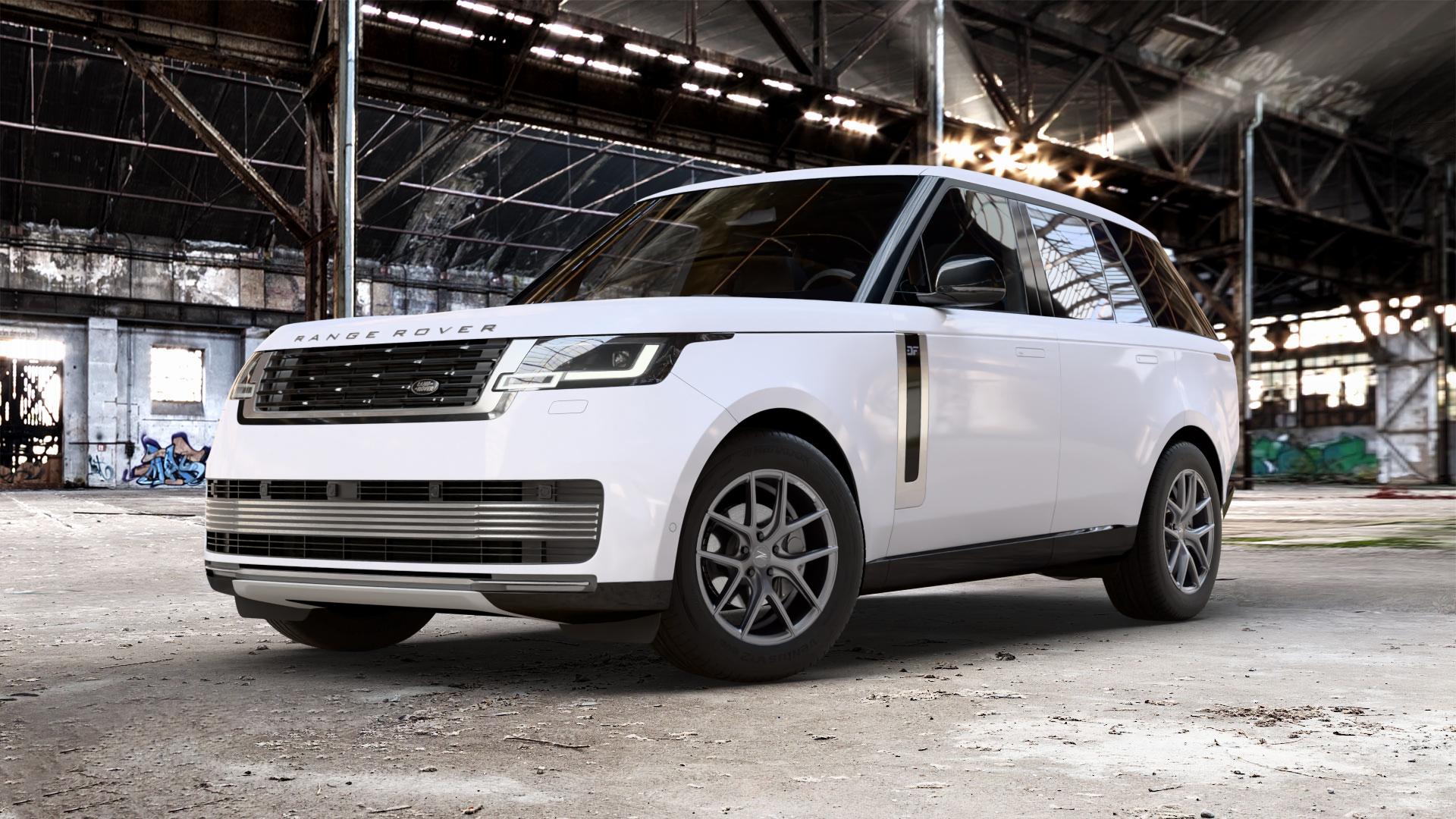 Z-Performance ZP.09 Matte Gunmetal Felge mit Reifen grau in 19Zoll Winterfelge Alufelge auf weissem Land Rover Range V Typ LK ⬇️ mit 15mm Tieferlegung ⬇️ Old Industrial Hall_max_5300mm_2024 Frontansicht_1