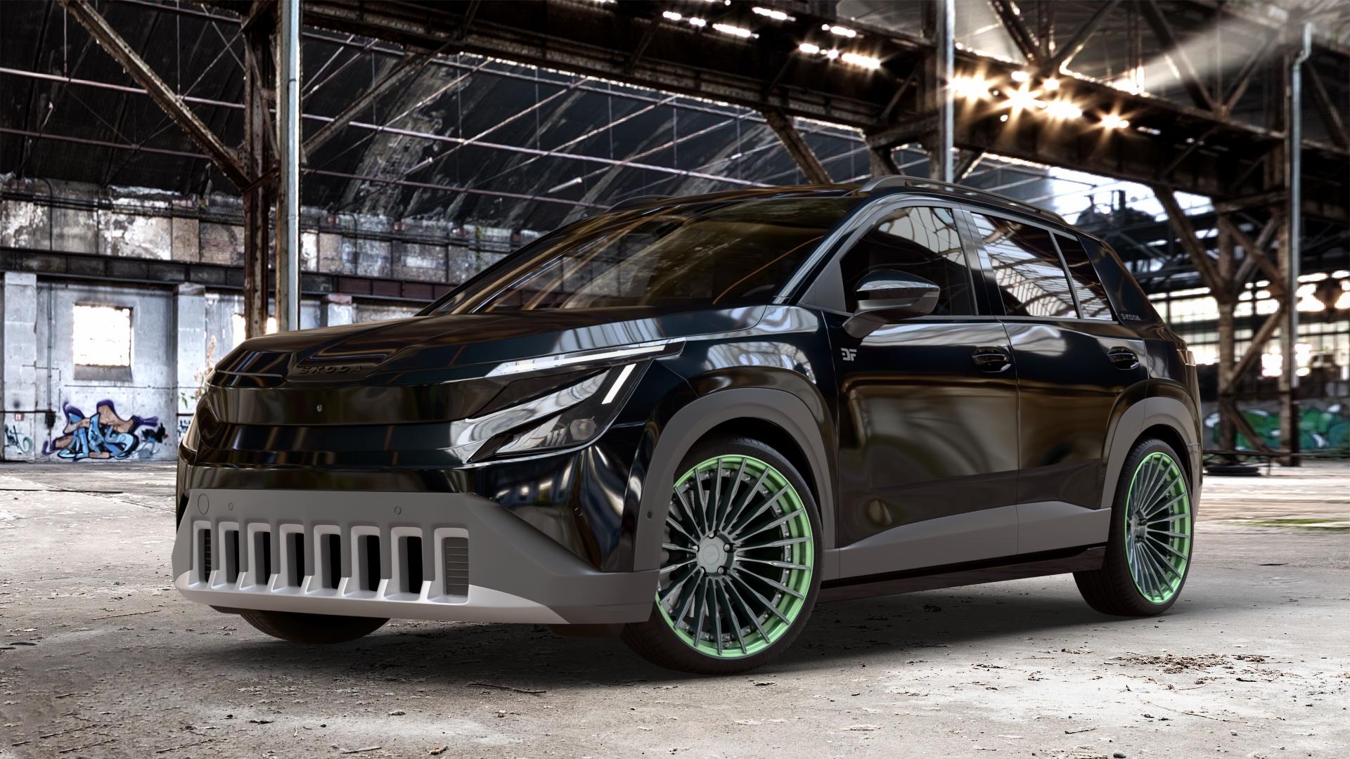 Z-Performance ZP.MODULAR 2 Stone, Foam Green Lip Felge mit Reifen gruen silber/grau grün in 20Zoll Winterfelge Alufelge auf metallic schwarzem Skoda Epiq Typ PX ⬇️ mit 15mm Tieferlegung ⬇️ Old Industrial Hall_max_4400mm_2024 Frontansicht_1