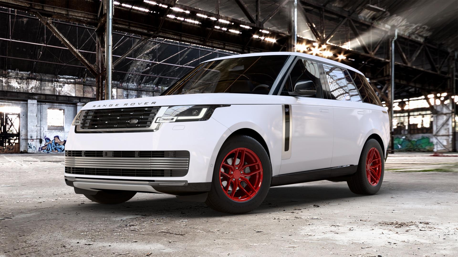 Z-Performance ZP2.1 Blood Red (Custom Finish) Felge mit Reifen rot in 19Zoll Winterfelge Alufelge auf weissem Land Rover Range V Typ LK ⬇️ mit 15mm Tieferlegung ⬇️ Old Industrial Hall_max_5300mm_2024 Frontansicht_1