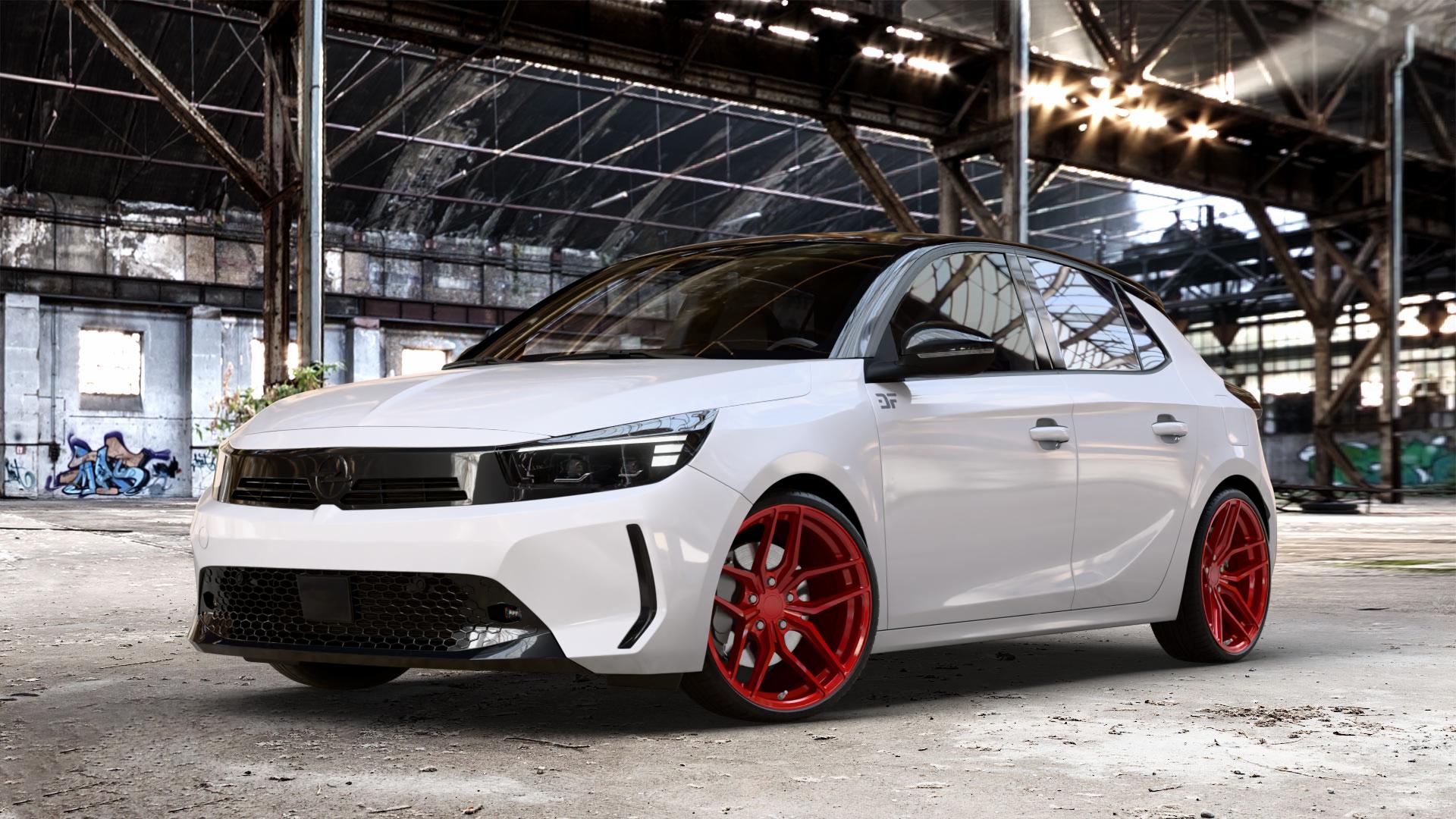 Z-Performance ZP2.1 Blood Red (Custom Finish) Felge mit Reifen rot in 19Zoll Winterfelge Alufelge auf weissem Opel Corsa F Typ U Facelift 0,0l 57kW Corsa-e (77 PS) 62kW (84 1,2l Turbo 74kW Mild-Hybrid (101 100kW (136 ⬇️ mit 15mm Tieferlegung ⬇️ Old Industrial Hall_max_4400mm_2024 Frontansicht_1