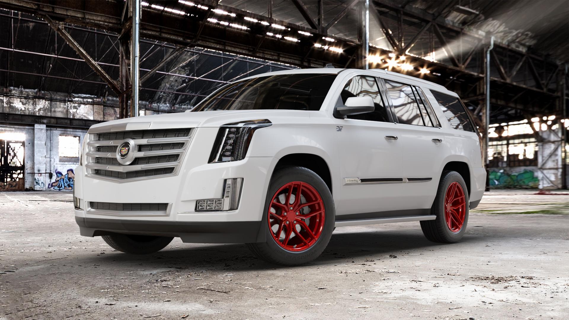 Z-Performance ZP2.1 Blood Red (Custom Finish) Felge mit Reifen rot in 20Zoll Winterfelge Alufelge auf weissem Cadillac Escalade Typ GMT K2XX ⬇️ mit 15mm Tieferlegung ⬇️ Old Industrial Hall_max_5300mm_2024 Frontansicht_1