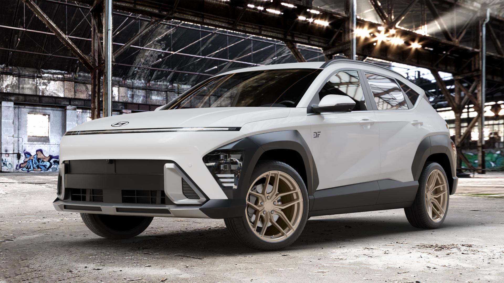 Z-Performance ZP2.1 Cafe Americano Felge mit Reifen bronze in 19Zoll Winterfelge Alufelge auf weissem Hyundai Kona Typ SX2 ⬇️ mit 15mm Tieferlegung ⬇️ Old Industrial Hall_max_4400mm_2024 Frontansicht_1