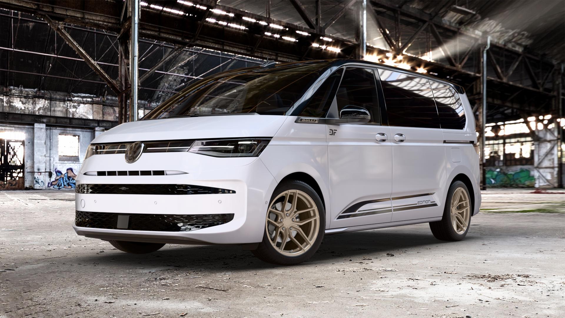 Z-Performance ZP2.1 Cafe Americano Felge mit Reifen bronze in 19Zoll Winterfelge Alufelge auf weissem und schwarzem Volkswagen (VW) T7 Multivan Bus ⬇️ mit 15mm Tieferlegung ⬇️ Old Industrial Hall_max_5300mm_2024 Frontansicht_1