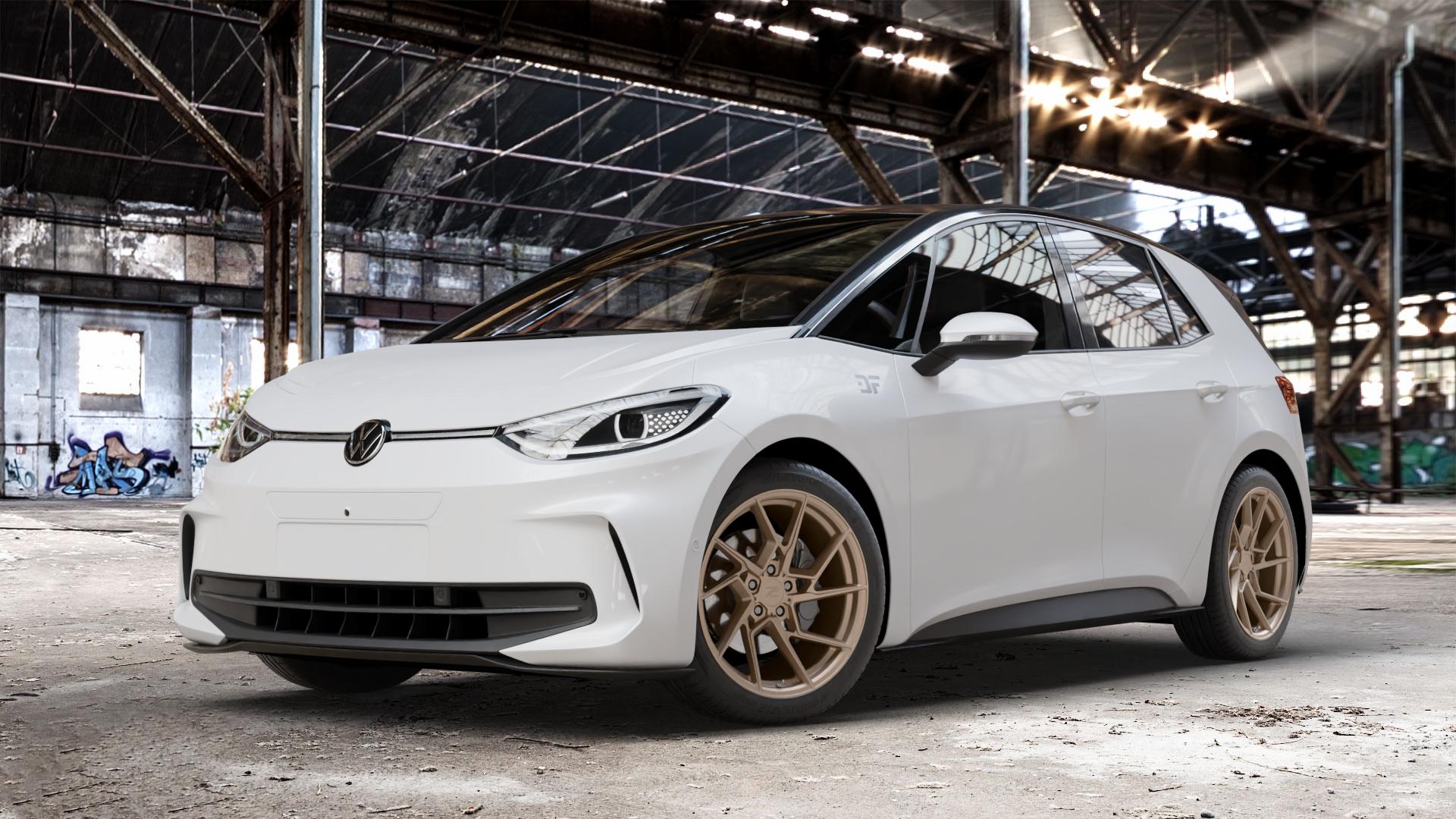 Z-Performance ZP3.1 FlowForged Cafe Americano Felge mit Reifen bronze in 19Zoll Winterfelge Alufelge auf weissem Volkswagen (VW) ID.3 Facelift ⬇️ mit 15mm Tieferlegung ⬇️ Old Industrial Hall_max_4400mm_2024 Frontansicht_1