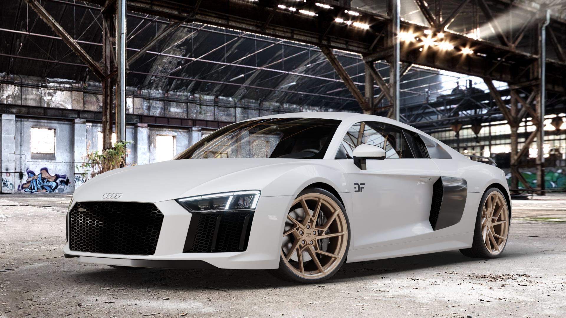 Z-Performance ZP3.1 FlowForged Cafe Americano Felge mit Reifen bronze in 20Zoll Winterfelge Alufelge auf weissem Audi R8 Typ 4S 15-> Spyder 16-> ⬇️ mit 15mm Tieferlegung ⬇️ Old Industrial Hall_max_4400mm_2024 Frontansicht_1