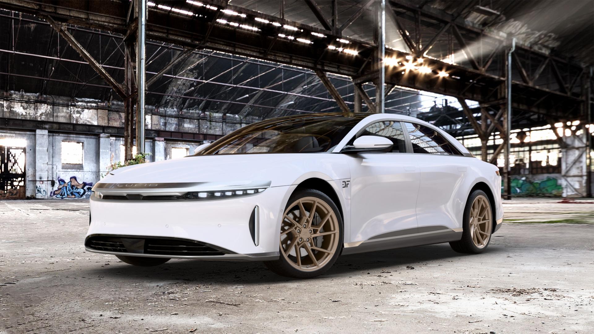 Z-Performance ZP3.1 FlowForged Cafe Americano Felge mit Reifen bronze in 20Zoll Winterfelge Alufelge auf weissem Lucid Air Typ A1 0,0l 271kW AWD (368 PS) 234kW (318 202kW (275 204kW (277 ⬇️ mit 15mm Tieferlegung ⬇️ Old Industrial Hall_max_5300mm_2024 Frontansicht_1