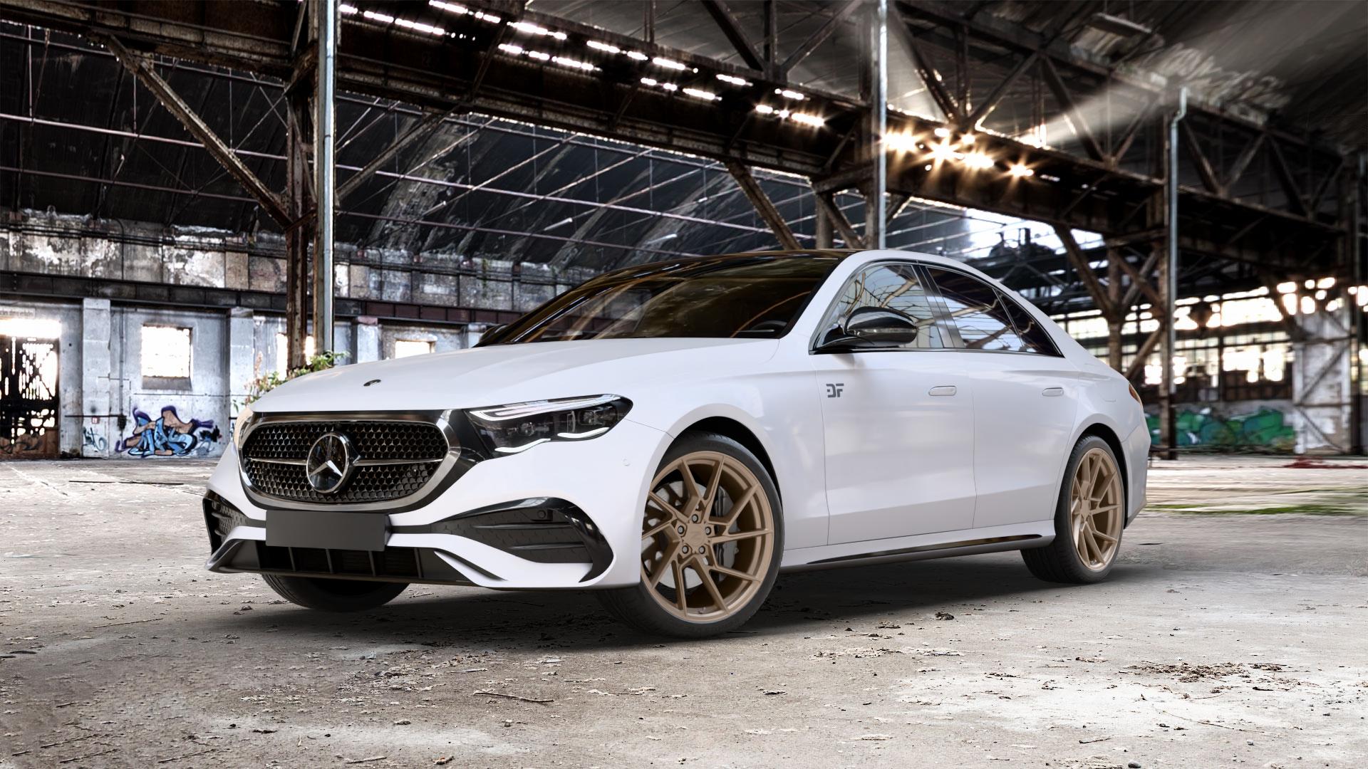 Z-Performance ZP3.1 FlowForged Cafe Americano Felge mit Reifen bronze in 20Zoll Winterfelge Alufelge auf weissem Mercedes E-Klasse Typ W214 Limousine (R2EW) ⬇️ mit 15mm Tieferlegung ⬇️ Old Industrial Hall_max_5300mm_2024 Frontansicht_1