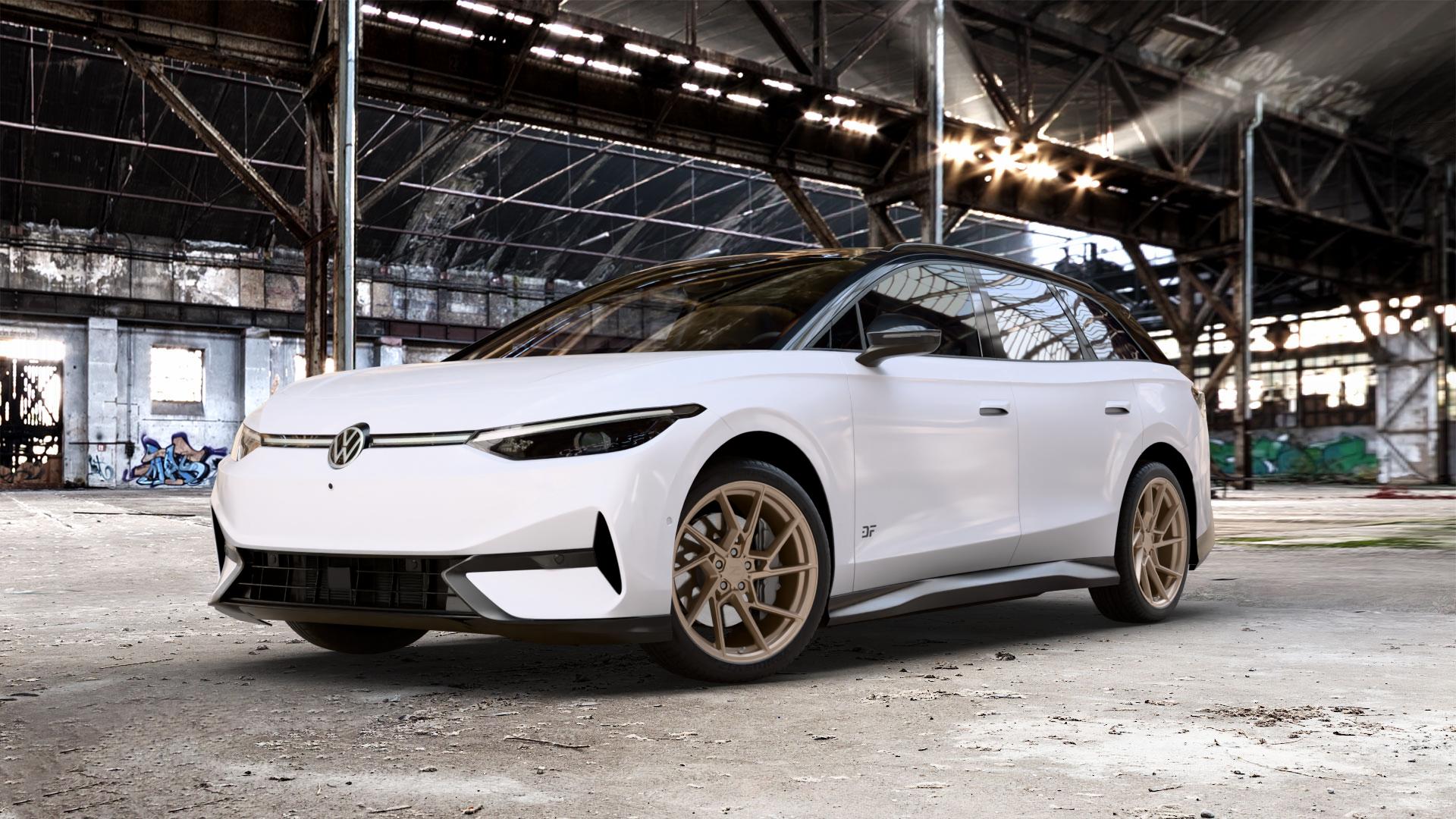 Z-Performance ZP3.1 FlowForged Cafe Americano Felge mit Reifen bronze in 20Zoll Winterfelge Alufelge auf weissem Volkswagen (VW) ID.7 Tourer ⬇️ mit 15mm Tieferlegung ⬇️ Old Industrial Hall_max_5300mm_2024 Frontansicht_1
