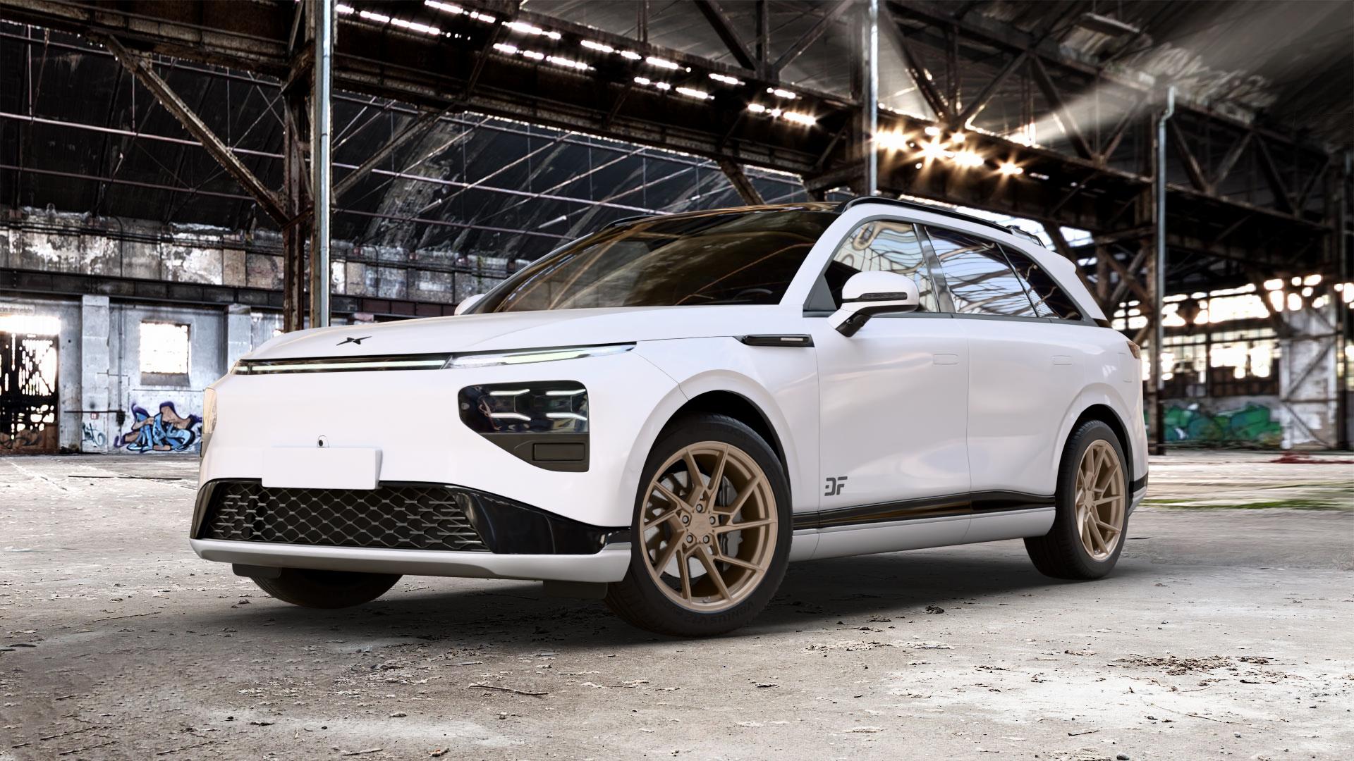 Z-Performance ZP3.1 FlowForged Cafe Americano Felge mit Reifen bronze in 20Zoll Winterfelge Alufelge auf weissem Xpeng G9 Typ G9A 0,0l 80kW (109 PS) AWD 100kW (136 ⬇️ mit 15mm Tieferlegung ⬇️ Old Industrial Hall_max_5300mm_2024 Frontansicht_1
