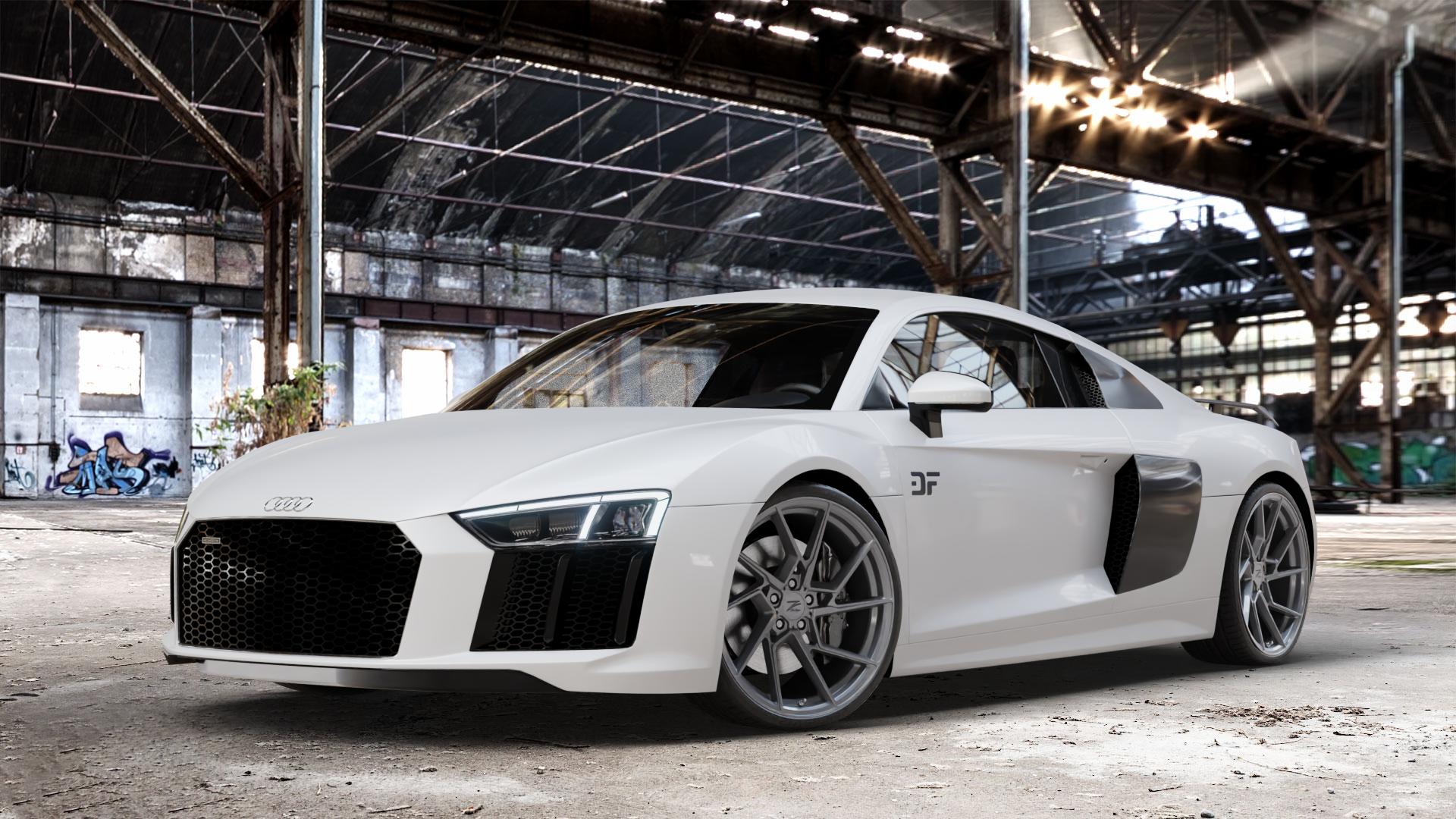 Z-Performance ZP3.1 FlowForged Gloss Metal Felge mit Reifen in 20Zoll Winterfelge Alufelge auf weissem Audi R8 Typ 4S 15-> Spyder 16-> ⬇️ mit 15mm Tieferlegung ⬇️ Old Industrial Hall_max_4400mm_2024 Frontansicht_1