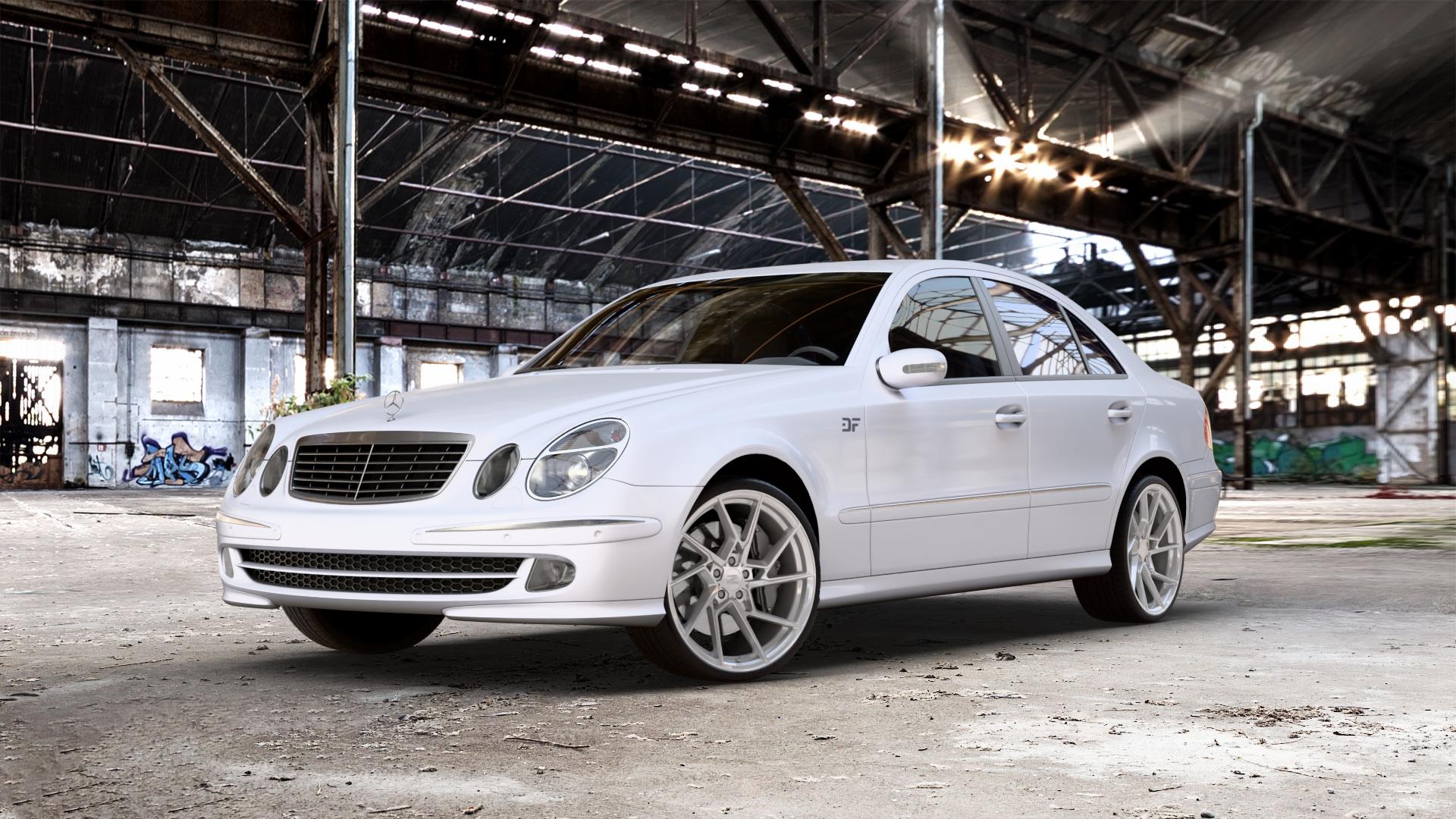 Z-Performance ZP3.1 FlowForged Pur Aluminum Felge mit Reifen grau silber metallic in 20Zoll Winterfelge Alufelge auf weissem Mercedes E-Klasse Typ W211 Limousine ⬇️ mit 15mm Tieferlegung ⬇️ Old Industrial Hall_max_5300mm_2024 Frontansicht_1