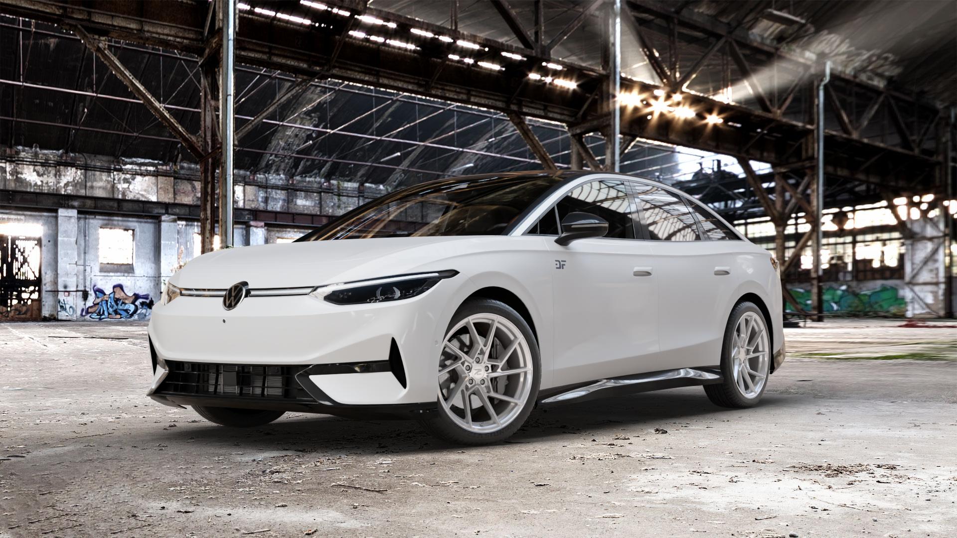 Z-Performance ZP3.1 FlowForged Pur Aluminum Felge mit Reifen grau silber metallic in 20Zoll Winterfelge Alufelge auf weissem Volkswagen (VW) ID.7 ⬇️ mit 15mm Tieferlegung ⬇️ Old Industrial Hall_max_5300mm_2024 Frontansicht_1