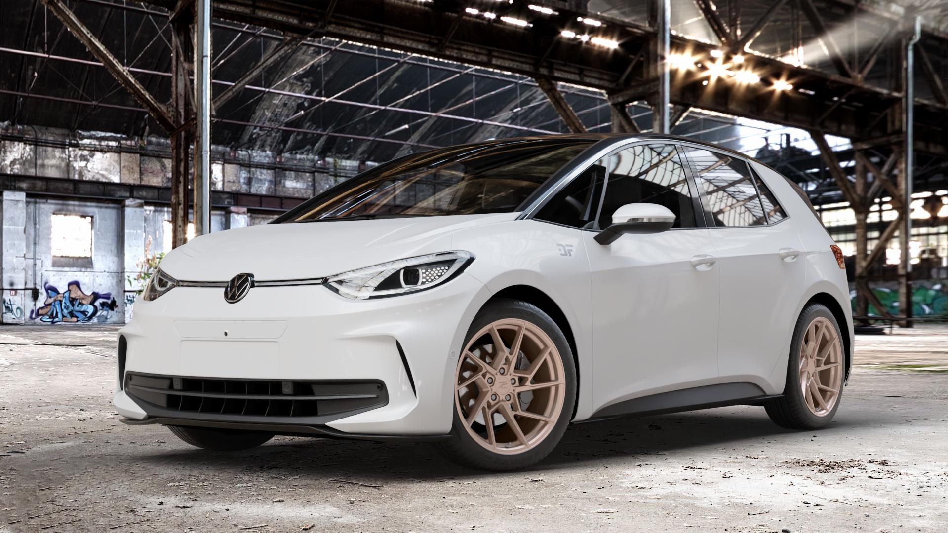 Z-Performance ZP3.1 FlowForged Sparkling Champagne Felge mit Reifen Champagner in 19Zoll Winterfelge Alufelge auf weissem Volkswagen (VW) ID.3 Facelift ⬇️ mit 15mm Tieferlegung ⬇️ Old Industrial Hall_max_4400mm_2024 Frontansicht_1