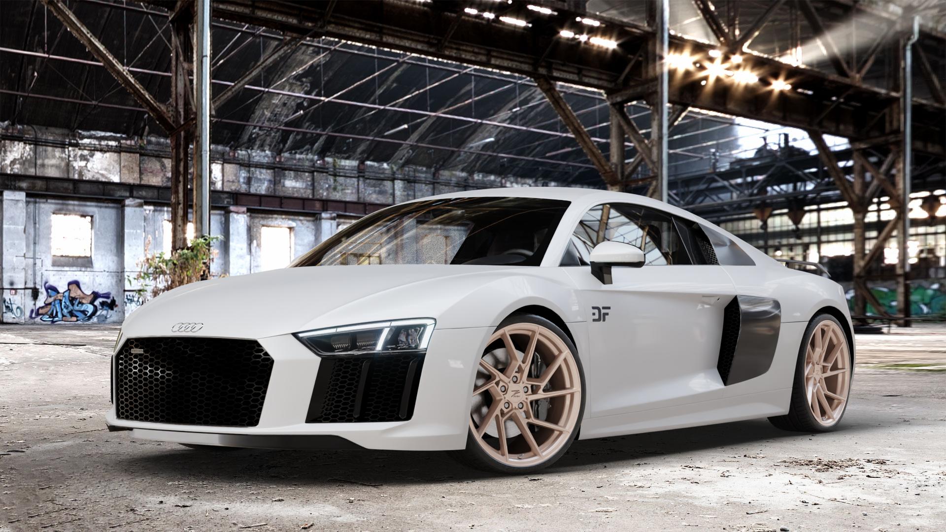 Z-Performance ZP3.1 FlowForged Sparkling Champagne Felge mit Reifen Champagner in 20Zoll Winterfelge Alufelge auf weissem Audi R8 Typ 4S 15-> Spyder 16-> ⬇️ mit 15mm Tieferlegung ⬇️ Old Industrial Hall_max_4400mm_2024 Frontansicht_1