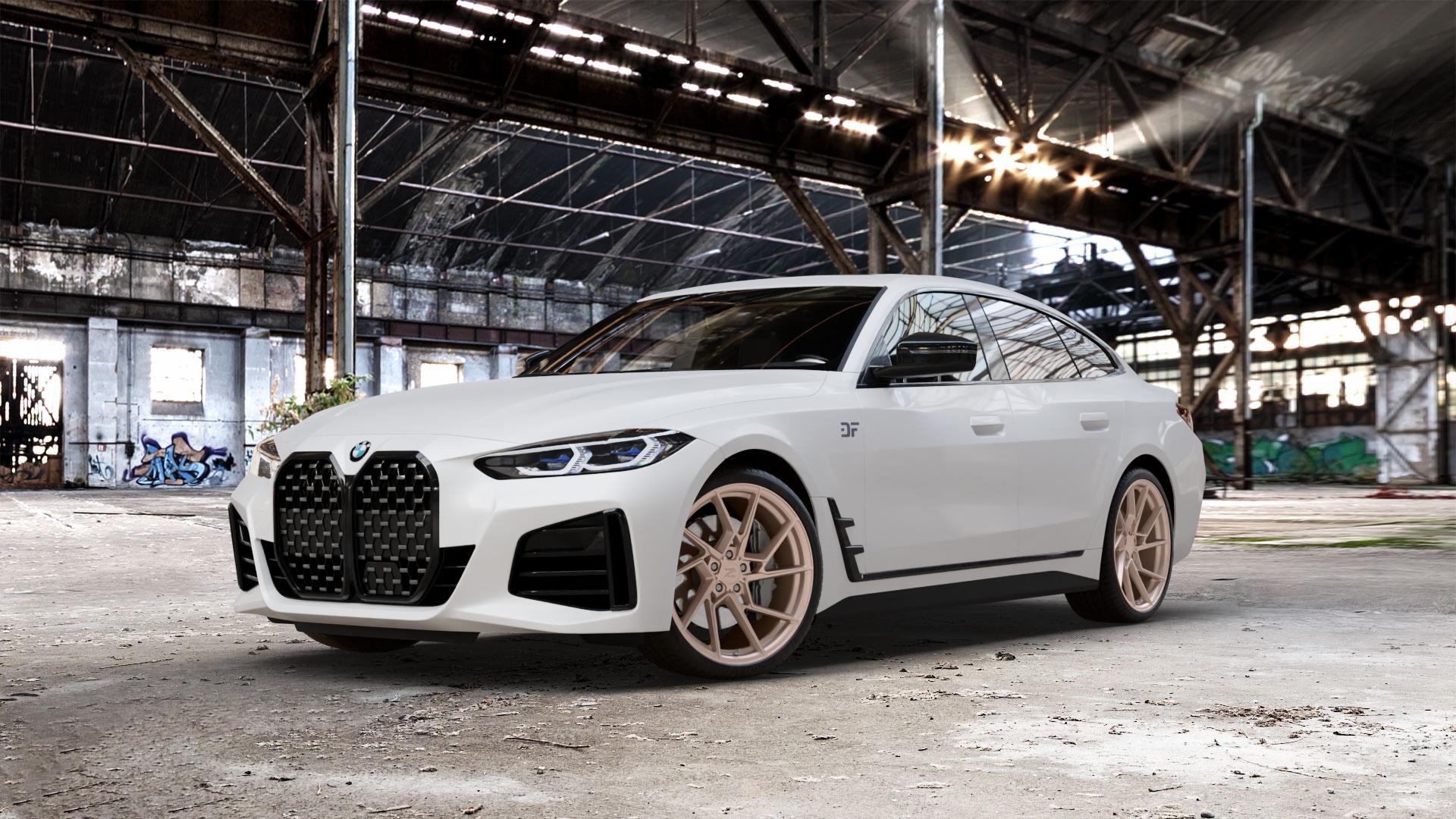 Z-Performance ZP3.1 FlowForged Sparkling Champagne Felge mit Reifen Champagner in 20Zoll Winterfelge Alufelge auf weissem BMW 4er G26 Gran Coupe (G4C) ⬇️ mit 15mm Tieferlegung ⬇️ Old Industrial Hall_max_5300mm_2024 Frontansicht_1