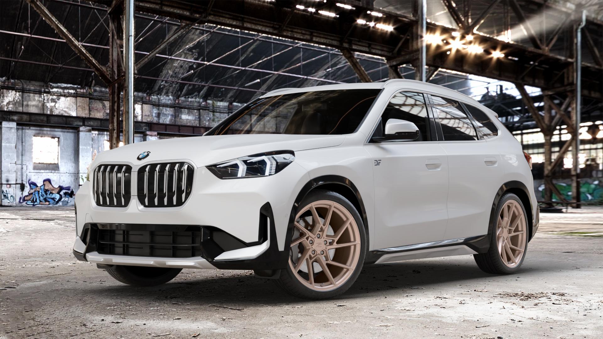 Z-Performance ZP3.1 FlowForged Sparkling Champagne Felge mit Reifen Champagner in 20Zoll Winterfelge Alufelge auf weissem BMW X1 Typ U11 (U1X) ⬇️ mit 15mm Tieferlegung ⬇️ Old Industrial Hall_max_4400mm_2024 Frontansicht_1