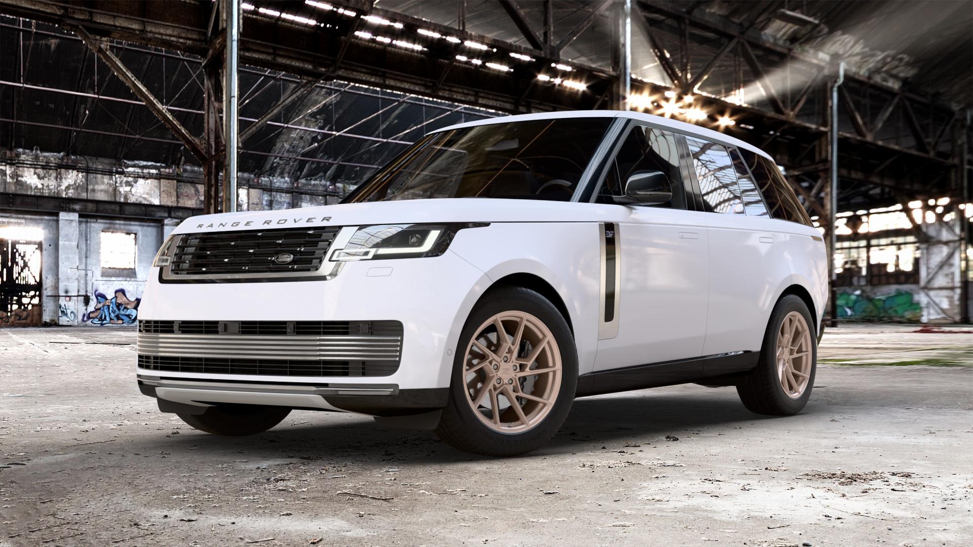 Z-Performance ZP3.1 FlowForged Sparkling Champagne Felge mit Reifen Champagner in 20Zoll Winterfelge Alufelge auf weissem Land Rover Range V Typ LK ⬇️ mit 15mm Tieferlegung ⬇️ Old Industrial Hall_max_5300mm_2024 Frontansicht_1