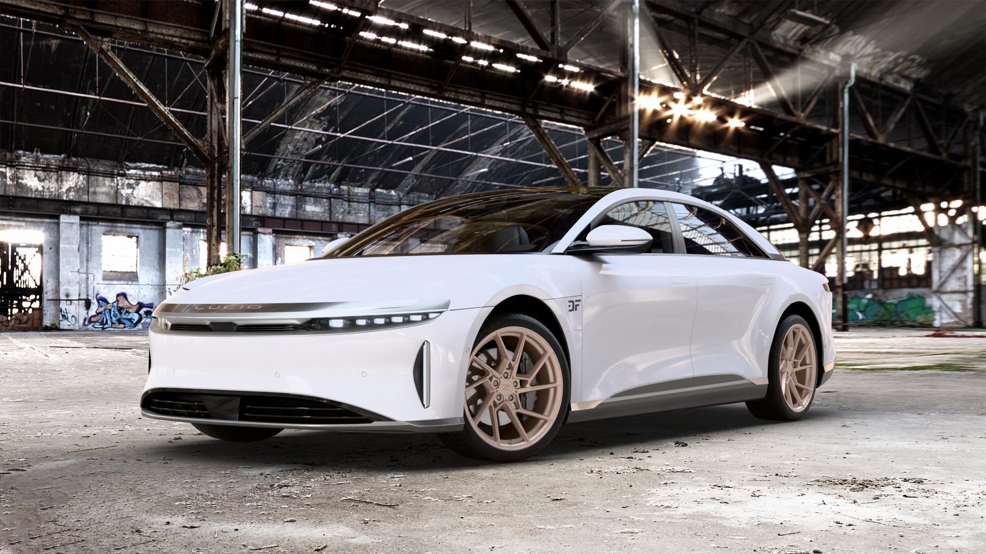 Z-Performance ZP3.1 FlowForged Sparkling Champagne Felge mit Reifen Champagner in 20Zoll Winterfelge Alufelge auf weissem Lucid Air Typ A1 0,0l 271kW AWD (368 PS) 234kW (318 202kW (275 204kW (277 ⬇️ mit 15mm Tieferlegung ⬇️ Old Industrial Hall_max_5300mm_2024 Frontansicht_1