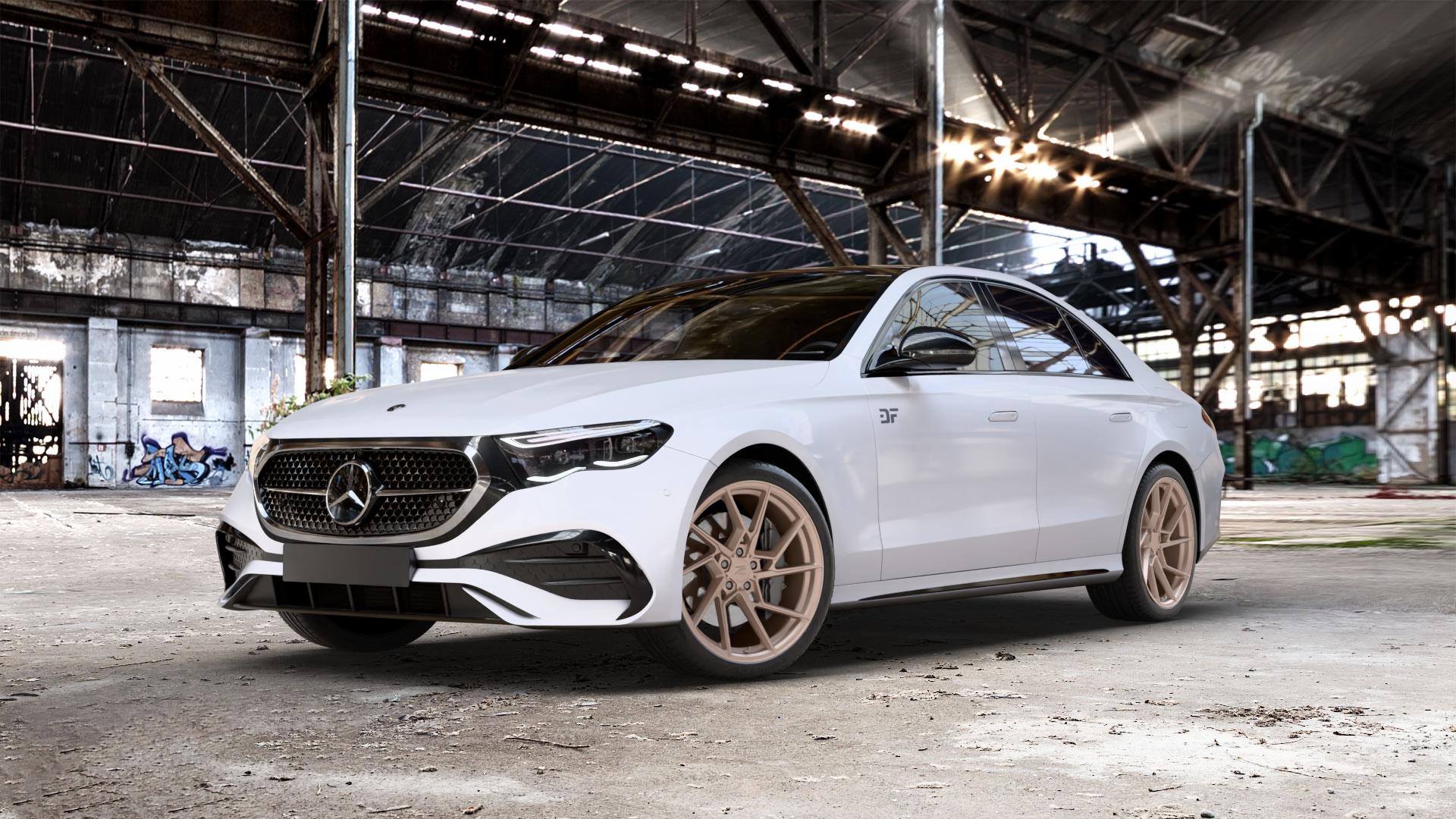 Z-Performance ZP3.1 FlowForged Sparkling Champagne Felge mit Reifen Champagner in 20Zoll Winterfelge Alufelge auf weissem Mercedes E-Klasse Typ W214 Limousine (R2EW) ⬇️ mit 15mm Tieferlegung ⬇️ Old Industrial Hall_max_5300mm_2024 Frontansicht_1