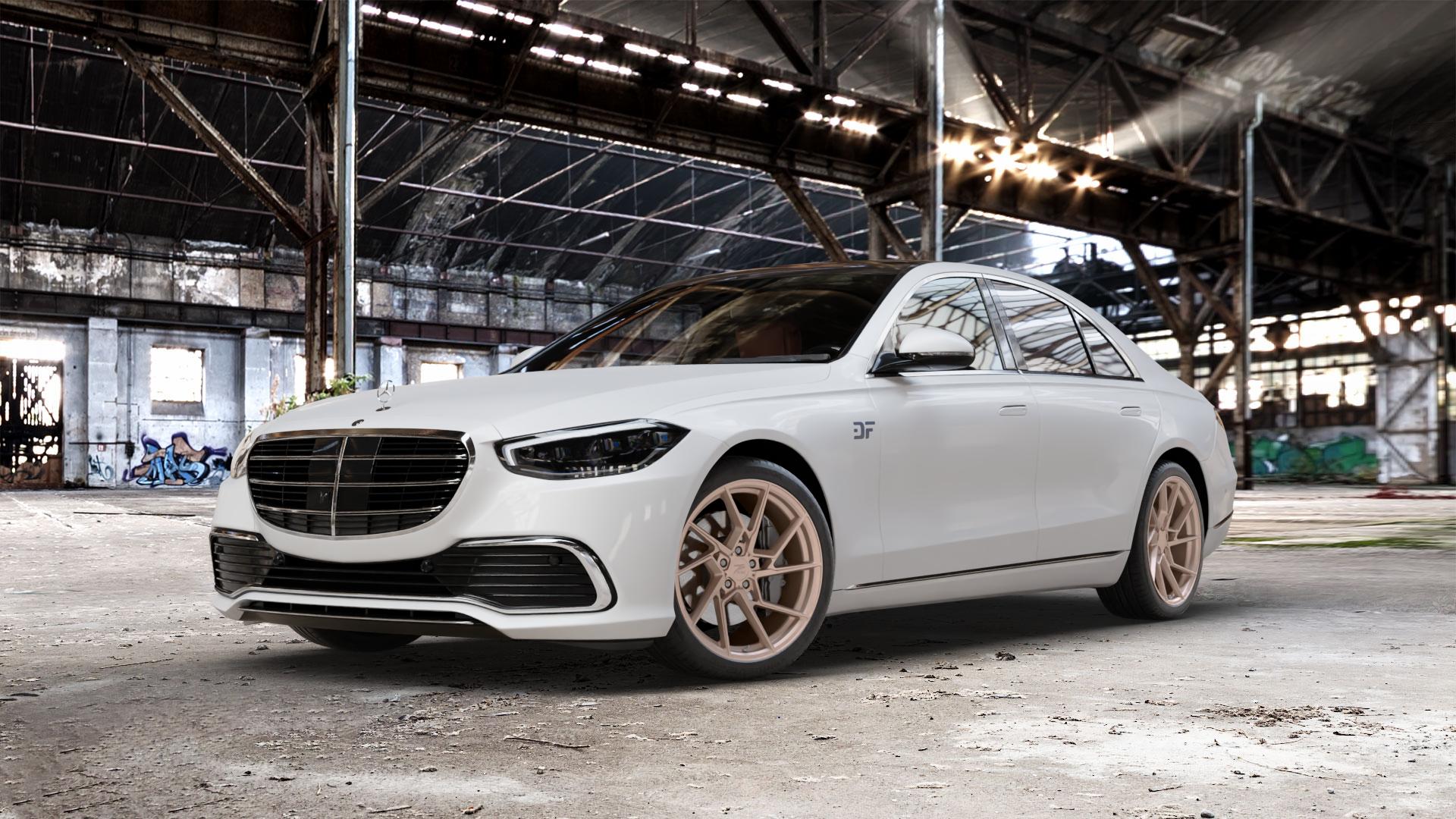 Z-Performance ZP3.1 FlowForged Sparkling Champagne Felge mit Reifen Champagner in 20Zoll Winterfelge Alufelge auf weissem Mercedes S-Klasse Typ W223 (R2S) ⬇️ mit 15mm Tieferlegung ⬇️ Old Industrial Hall_max_5300mm_2024 Frontansicht_1