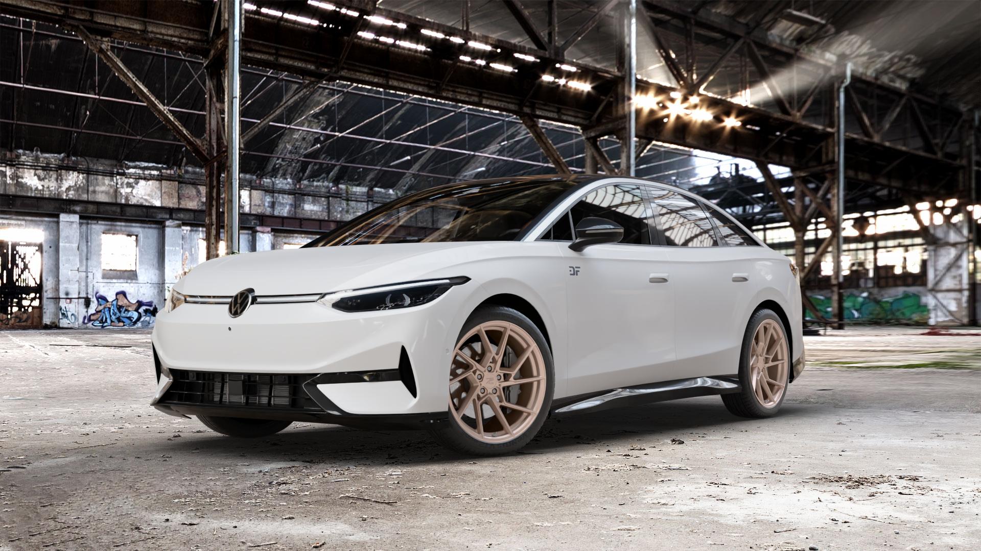 Z-Performance ZP3.1 FlowForged Sparkling Champagne Felge mit Reifen Champagner in 20Zoll Winterfelge Alufelge auf weissem Volkswagen (VW) ID.7 ⬇️ mit 15mm Tieferlegung ⬇️ Old Industrial Hall_max_5300mm_2024 Frontansicht_1
