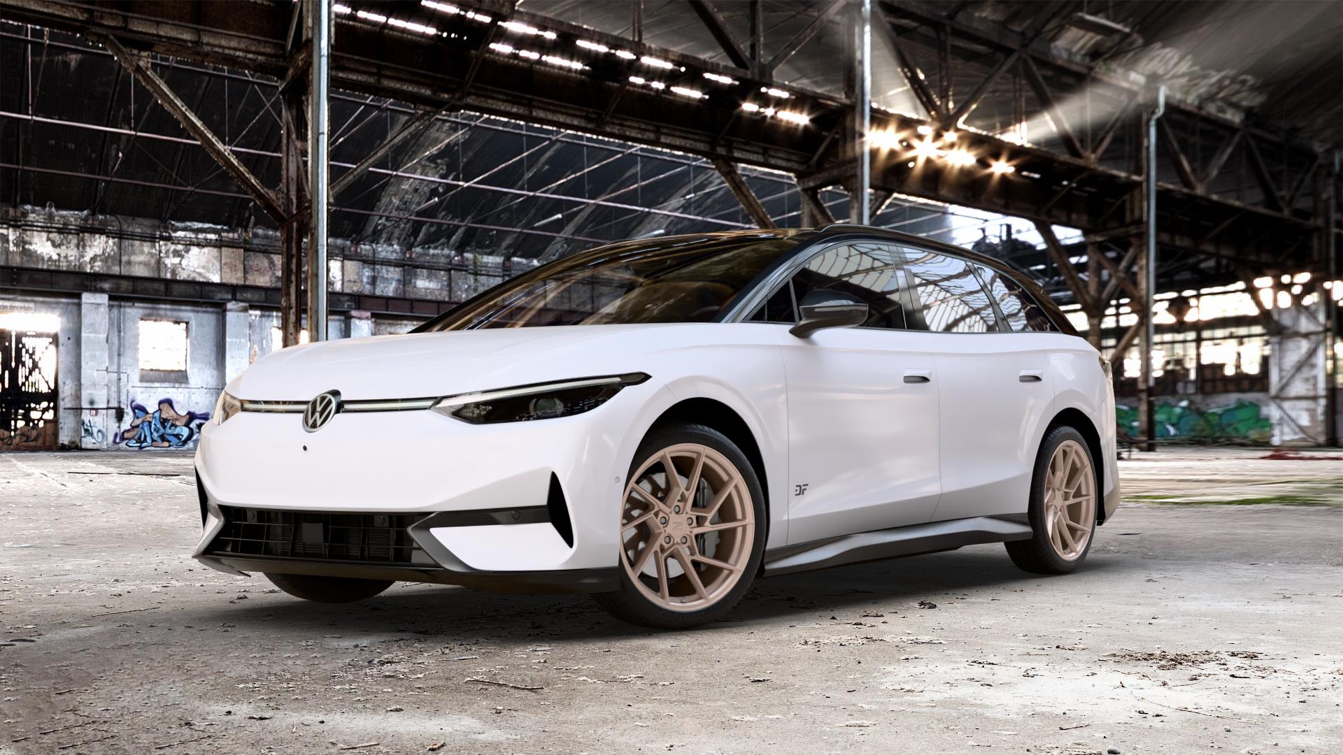 Z-Performance ZP3.1 FlowForged Sparkling Champagne Felge mit Reifen Champagner in 20Zoll Winterfelge Alufelge auf weissem Volkswagen (VW) ID.7 Tourer ⬇️ mit 15mm Tieferlegung ⬇️ Old Industrial Hall_max_5300mm_2024 Frontansicht_1