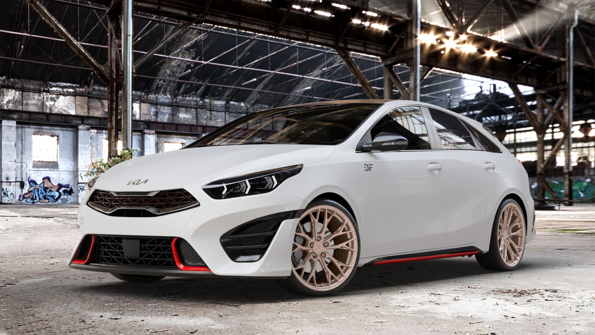 Z-Performance ZP7.1 Champagne (Custom Finish) Felge mit Reifen Champagner in 19Zoll Winterfelge Alufelge auf weissem Kia ProCeed Typ CD Facelift Pro Cee d ⬇️ mit 15mm Tieferlegung ⬇️ Old Industrial Hall_max_4400mm_2024 Frontansicht_1