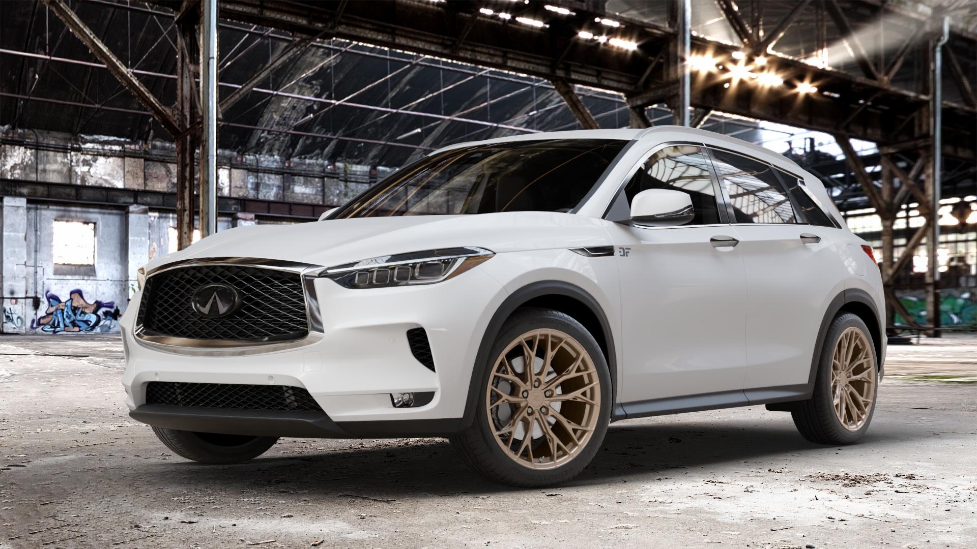 Z-Performance ZP7.1 FlowForged Cafe Americano (Custom Finish) Felge mit Reifen bronze in 19Zoll Winterfelge Alufelge auf weissem Infiniti QX50 Q ⬇️ mit 15mm Tieferlegung ⬇️ Old Industrial Hall_max_4400mm_2024 Frontansicht_1