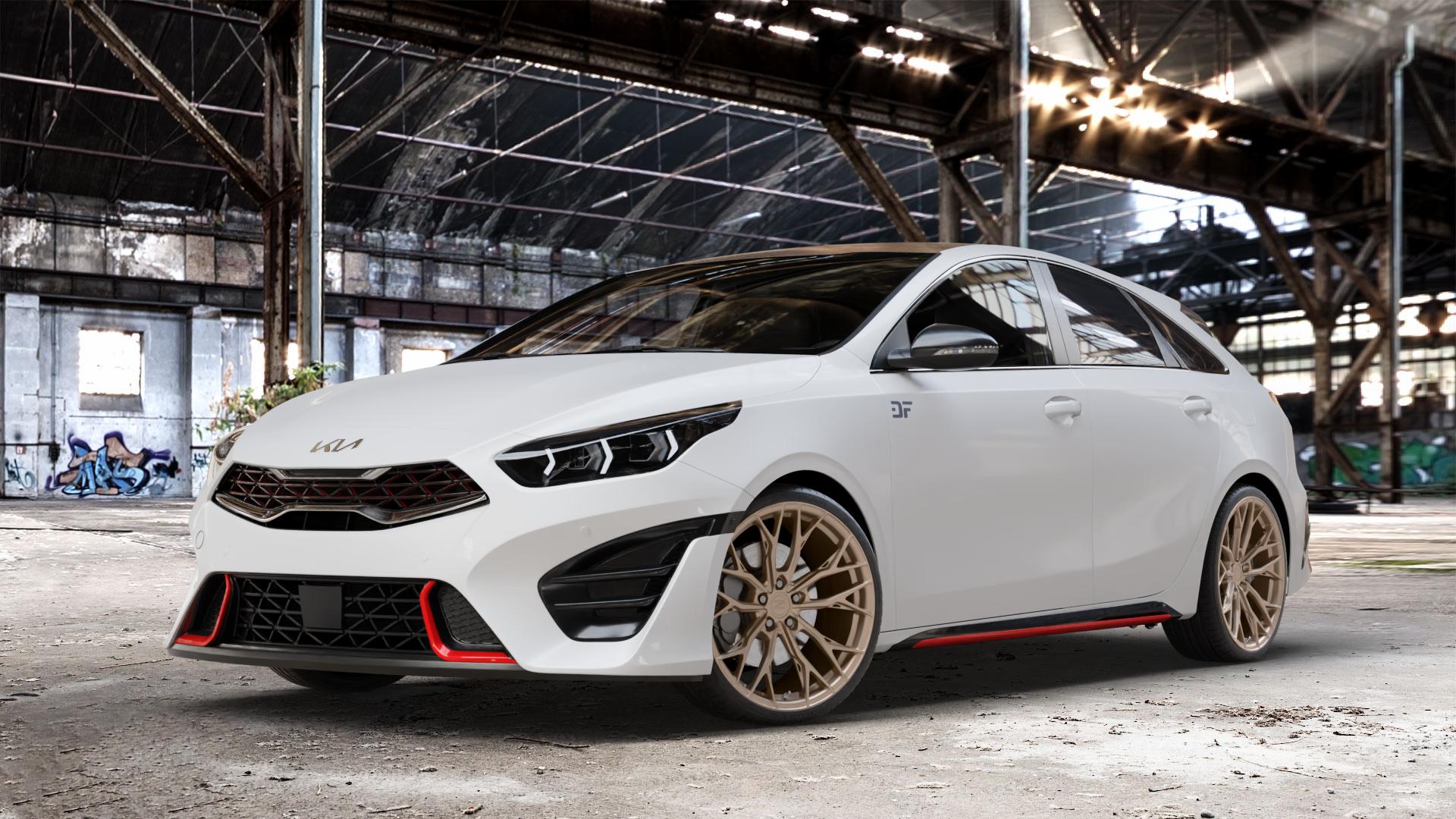 Z-Performance ZP7.1 FlowForged Cafe Americano (Custom Finish) Felge mit Reifen bronze in 19Zoll Winterfelge Alufelge auf weissem Kia ProCeed Typ CD Facelift Pro Cee d ⬇️ mit 15mm Tieferlegung ⬇️ Old Industrial Hall_max_4400mm_2024 Frontansicht_1