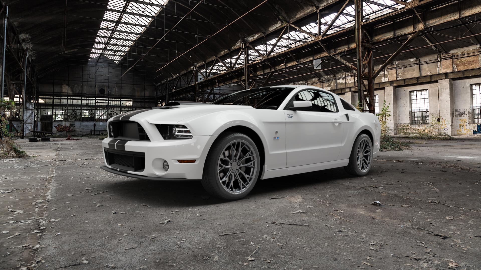Z-Performance ZP7.1 Matte Gunmetal (Custom Finish) Felge mit Reifen grau in 19Zoll Winterfelge Alufelge auf weissem Ford Mustang V Coupe ⬇️ mit 15mm Tieferlegung ⬇️ Old Industrial Hall_max5000mm_2022 Frontansicht_1