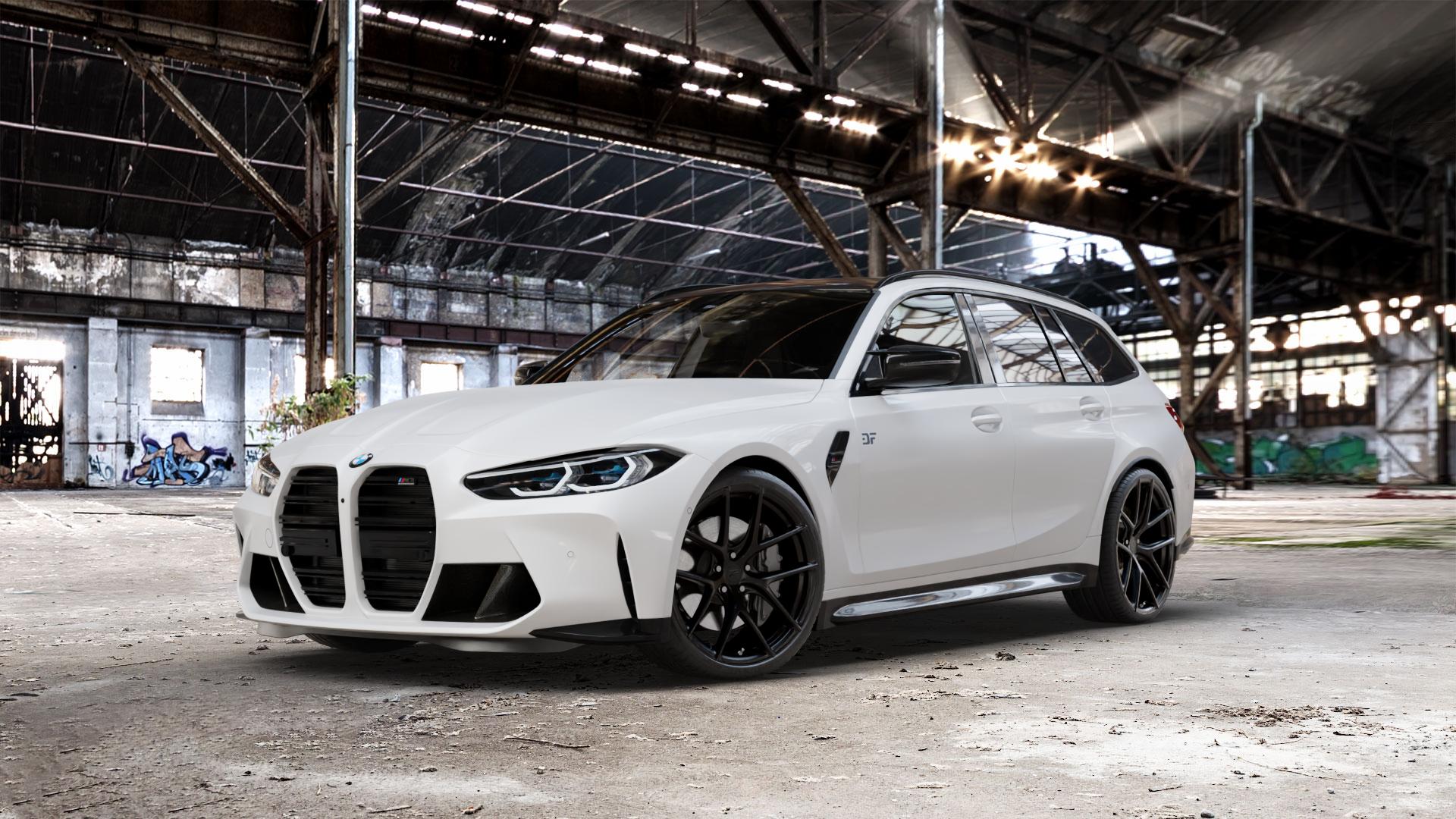 Z-Performance ZP9.1 FlowForged Satin Black Felge mit Reifen schwarz in 20Zoll Winterfelge Alufelge auf weissem BMW M3 Typ G81 (Touring) Facelift ⬇️ mit 15mm Tieferlegung ⬇️ Old Industrial Hall_max_5300mm_2024 Frontansicht_1