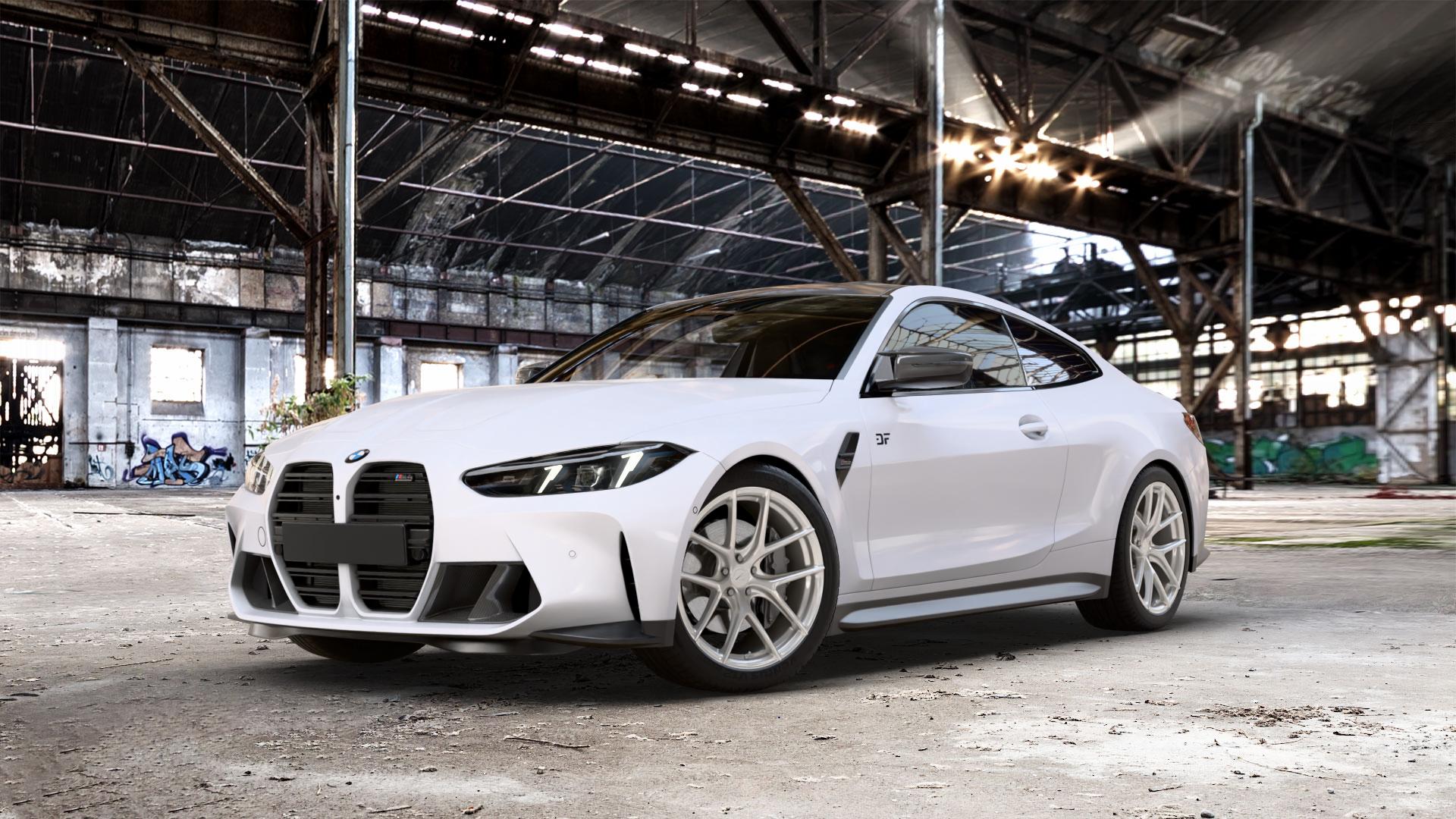 Z-Performance ZP9.1 Pur Aluminum (Custom Finish) Felge mit Reifen grau silber in 20Zoll Winterfelge Alufelge auf weissem BMW M4 Typ G82 (Coupe) Facelift 3,0l 390kW Competition xDrive (530 PS) CS 405kW (551 353kW (480 375kW (510 ⬇️ mit 15mm Tieferlegung ⬇️ Old Industrial Hall_max_5300mm_2024 Frontansicht_1