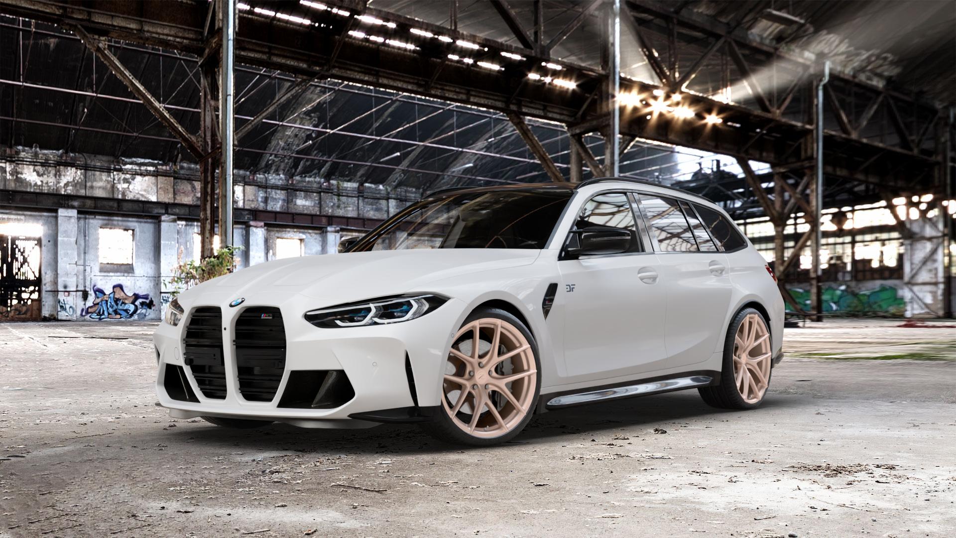 Z-Performance ZP9.1 Sparkling Champagne (Custom Finish) Felge mit Reifen Champagner in 20Zoll Winterfelge Alufelge auf weissem BMW M3 Typ G81 (Touring) Facelift ⬇️ mit 15mm Tieferlegung ⬇️ Old Industrial Hall_max_5300mm_2024 Frontansicht_1