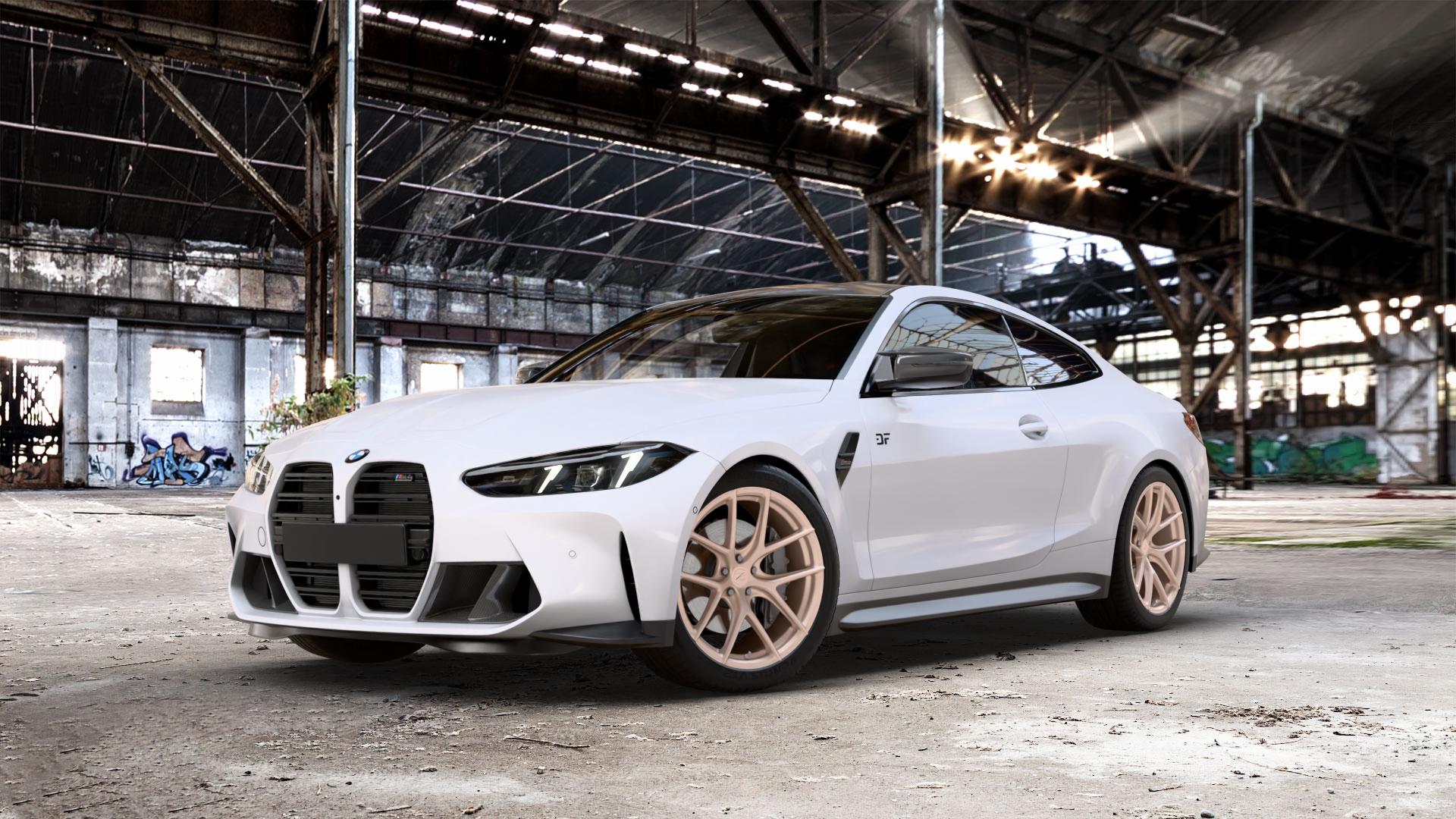 Z-Performance ZP9.1 Sparkling Champagne (Custom Finish) Felge mit Reifen Champagner in 20Zoll Winterfelge Alufelge auf weissem BMW M4 Typ G82 (Coupe) Facelift 3,0l 390kW Competition xDrive (530 PS) CS 405kW (551 353kW (480 375kW (510 ⬇️ mit 15mm Tieferlegung ⬇️ Old Industrial Hall_max_5300mm_2024 Frontansicht_1